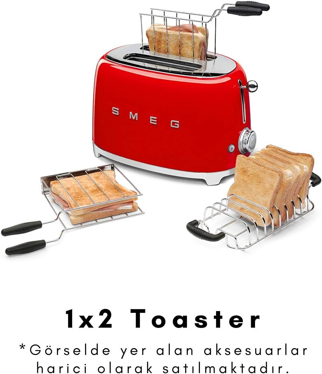 Smeg, 2x2 TSF01RDEU -Toaster, 2 Schlitze für 2 Scheiben, 6 Vergoldungsniveaus, Heizfunktion, Abtau- und Bagel- Funktion, Sammelschublade, 950W, Rot