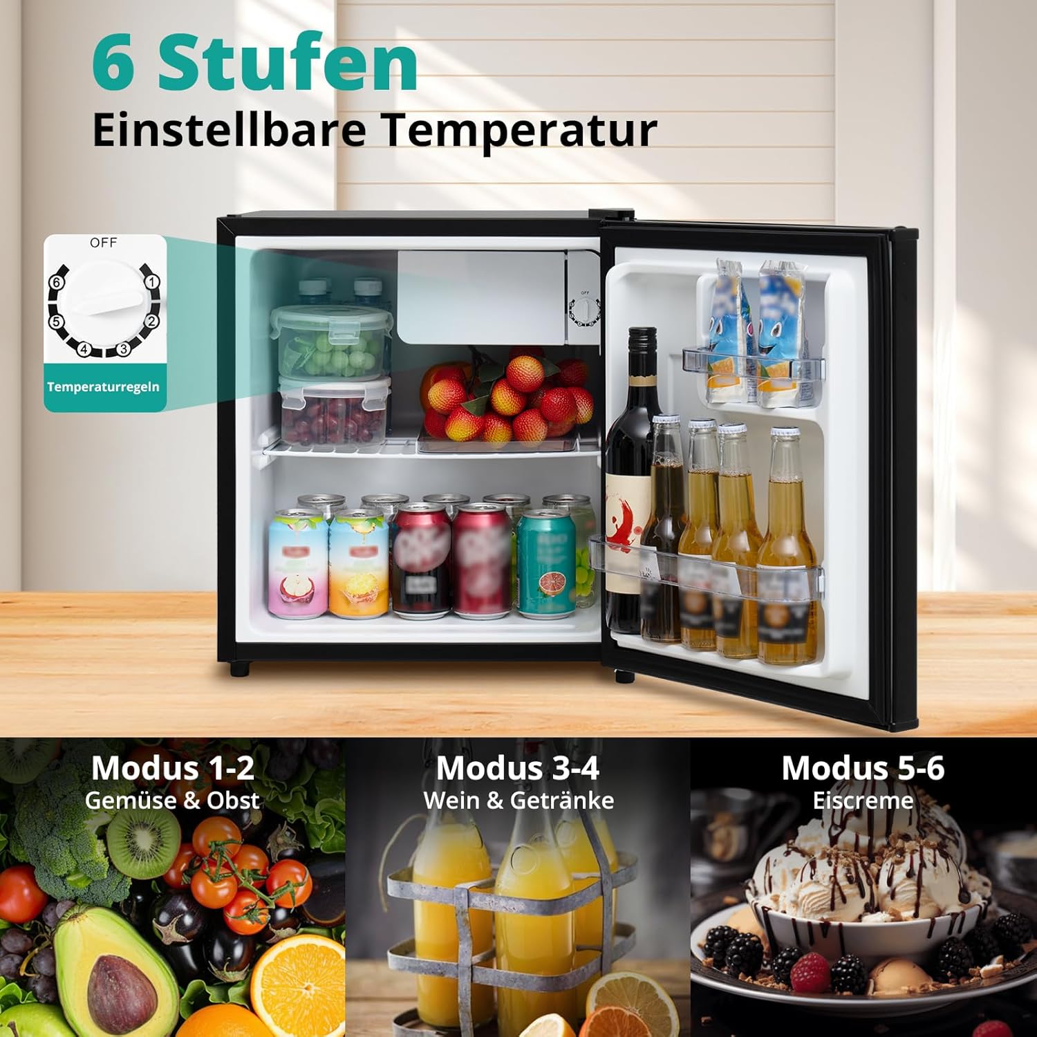 SMETA Mini kühlschränke 45L, Getränkekühlschrank klein 230V, Leise Tischkühlschrank für Büro, Camping, Schlafzimmer & Hotel mit Umkehrbarer 6-Stufen Thermostat, 39dB, 0-10℃,Schwarz