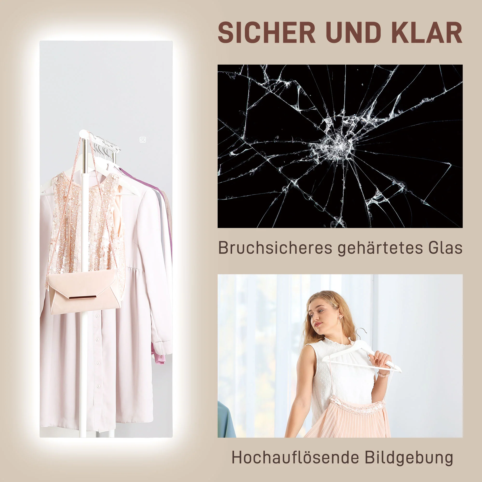 HOMCOM LED Volledige lichaamsspiegel, dimbaar, randloos, Touch-bediening, 40 x 120 cm