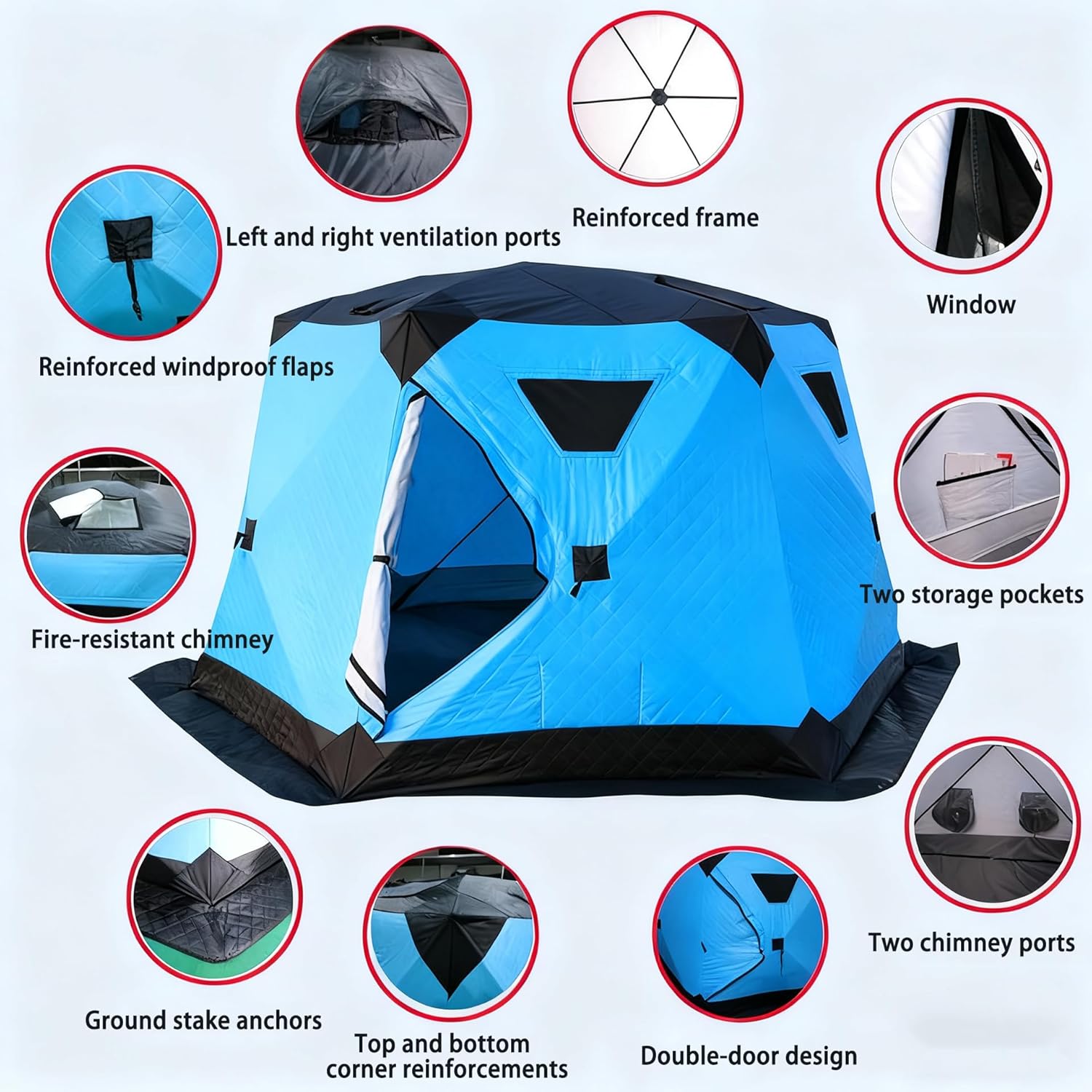 Sechseckiges Eisfisch-Zelt mit Isolierung - Pop-Up Eisangeln Hütte mit Schnellem Aufbau, 6-Seitiges Design mit Windschürze & Reißverschlusstür für Ganztägigen Einsatz