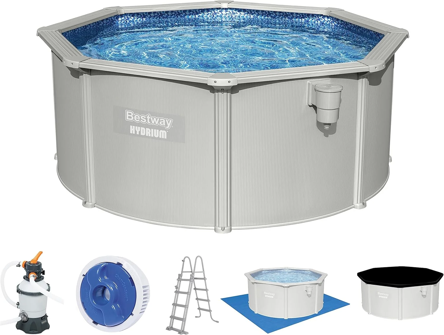 Bestway Hydrium - Piscina de Pared de Acero con Filtro de Arena, diámetro de 300 x 120 cm, Gris, Redonda