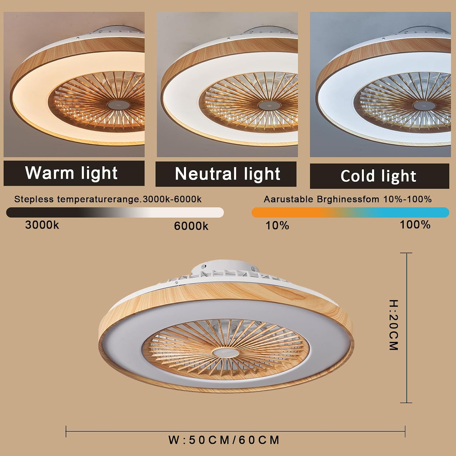 Silencieux Ventilateur de Plafond avec Lumière et Télécommande 50cm | LED Grand Luminaire Ventilateur Plafond 96 Watt 9600 Lumen Dimmable Reversible DC Motor pour Chambre Salon