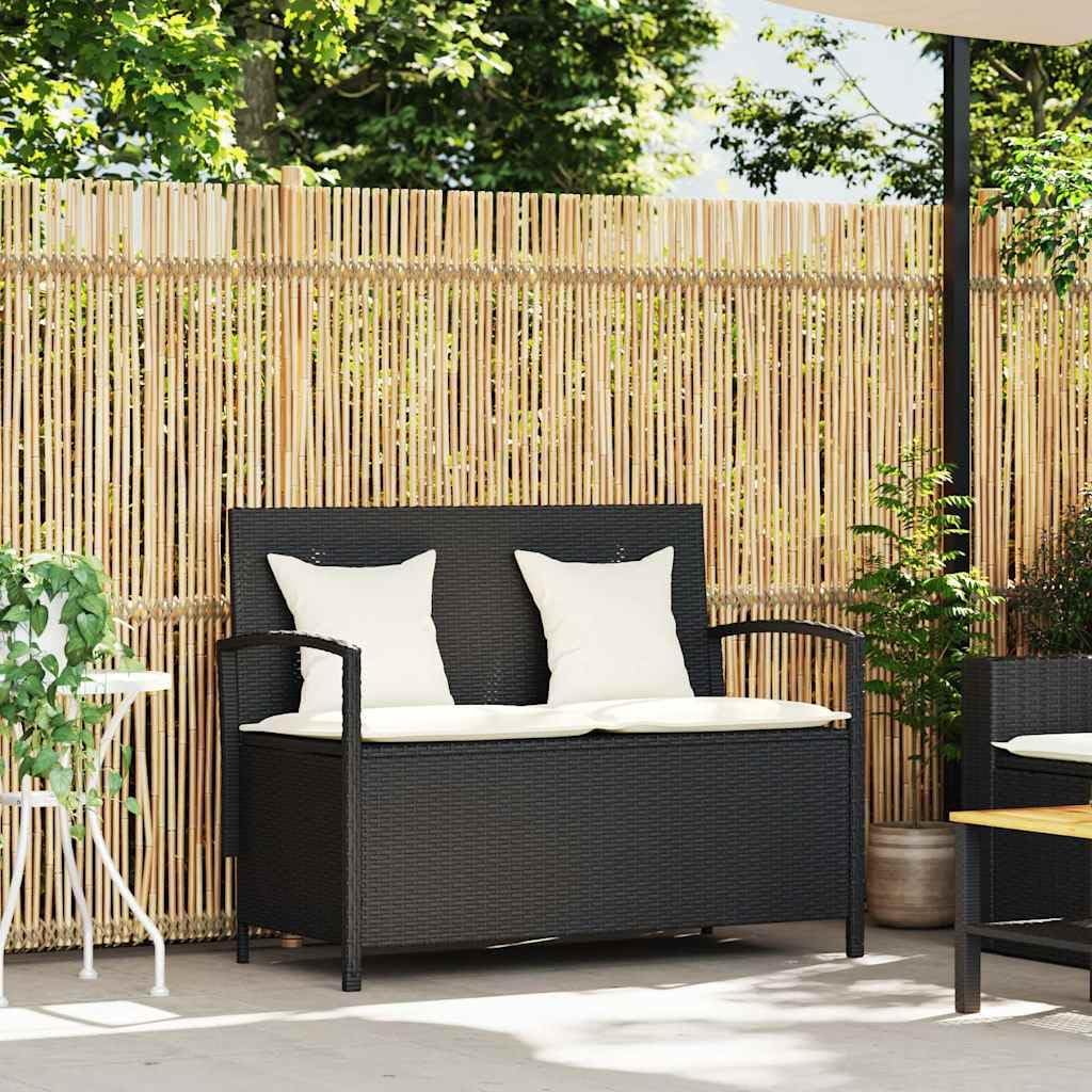 vidaXL Gartenbank mit Stauraum und Kissen Schwarz Poly Rattan, Gartenbank, Parkbank, Outdoor-Bank, Sitzbank, Terrassenbank, Außenbank, Gartenmöbel