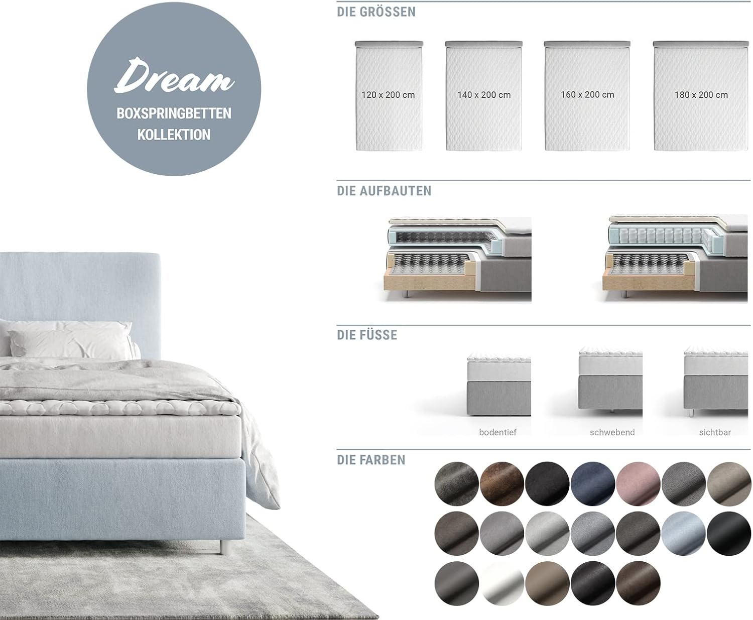 DELIFE Boxspringbett Dream-Great Mikrofaser Grau 140x200 cm mit Matratze und Topper