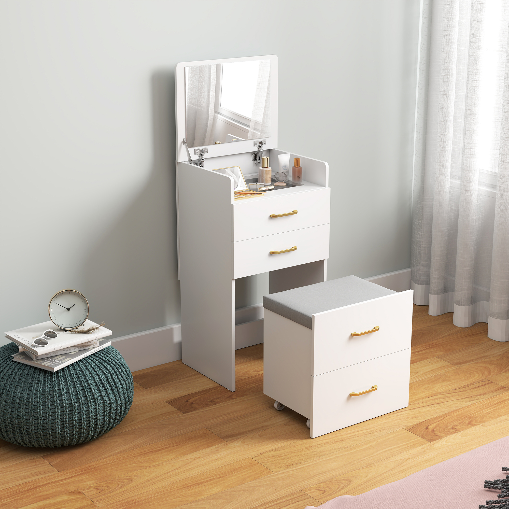 3-in-1 Make-uptafel met Spiegel, Nachtkastje, Rollende Kruk, Lades, Wit