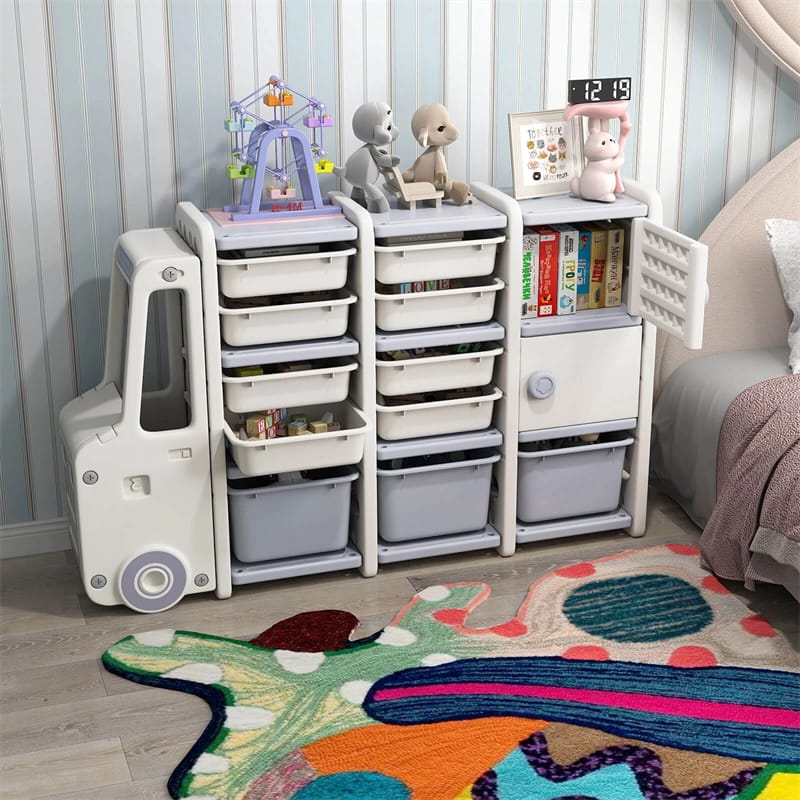 Truck-Shaped Kids Toy Storage Organizer with 11 Removable Bins, 2 Cabinets & Top Shelf, Toddler Bookshelf for Playroom & Kids Room
