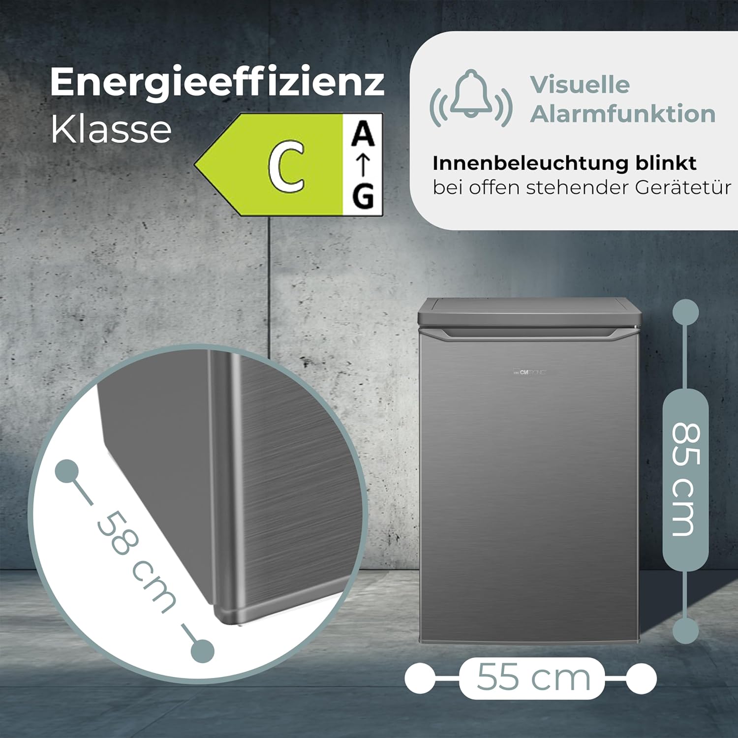 Clatronic® Kühlschrank mit Gefrierfach | Energieklasse C | 85cm | Kühl schrank klein | leise 37dB | Türanschlag wechselbar | 0°C - 8°C | 109L Fridge | kleiner Kühl-schrank KS 101 inox