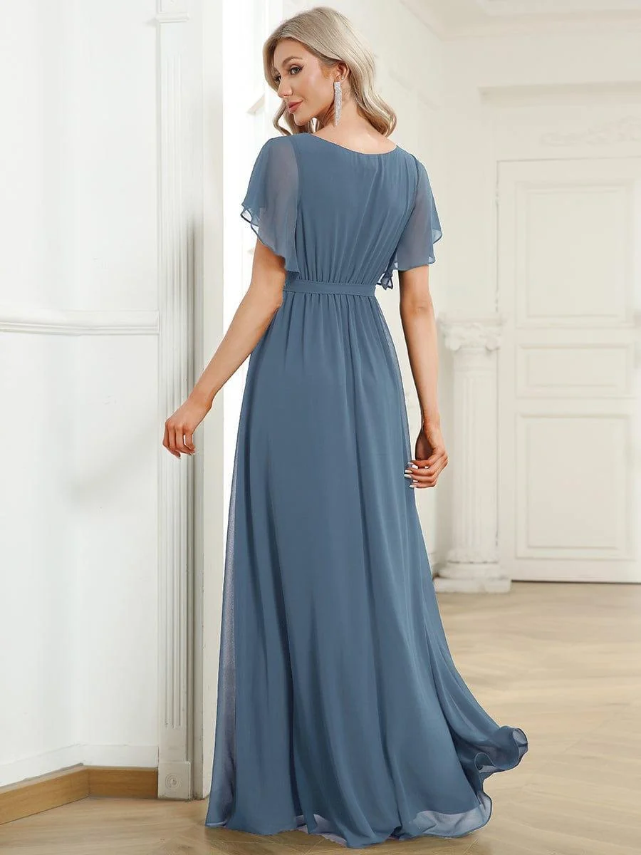 Abendkleid Damen Maxi A-Linie aus Chiffon | Festliches Kleid f��r Hochzeitsg?ste mit V-Ausschnitt und Fl��gel?rmeln