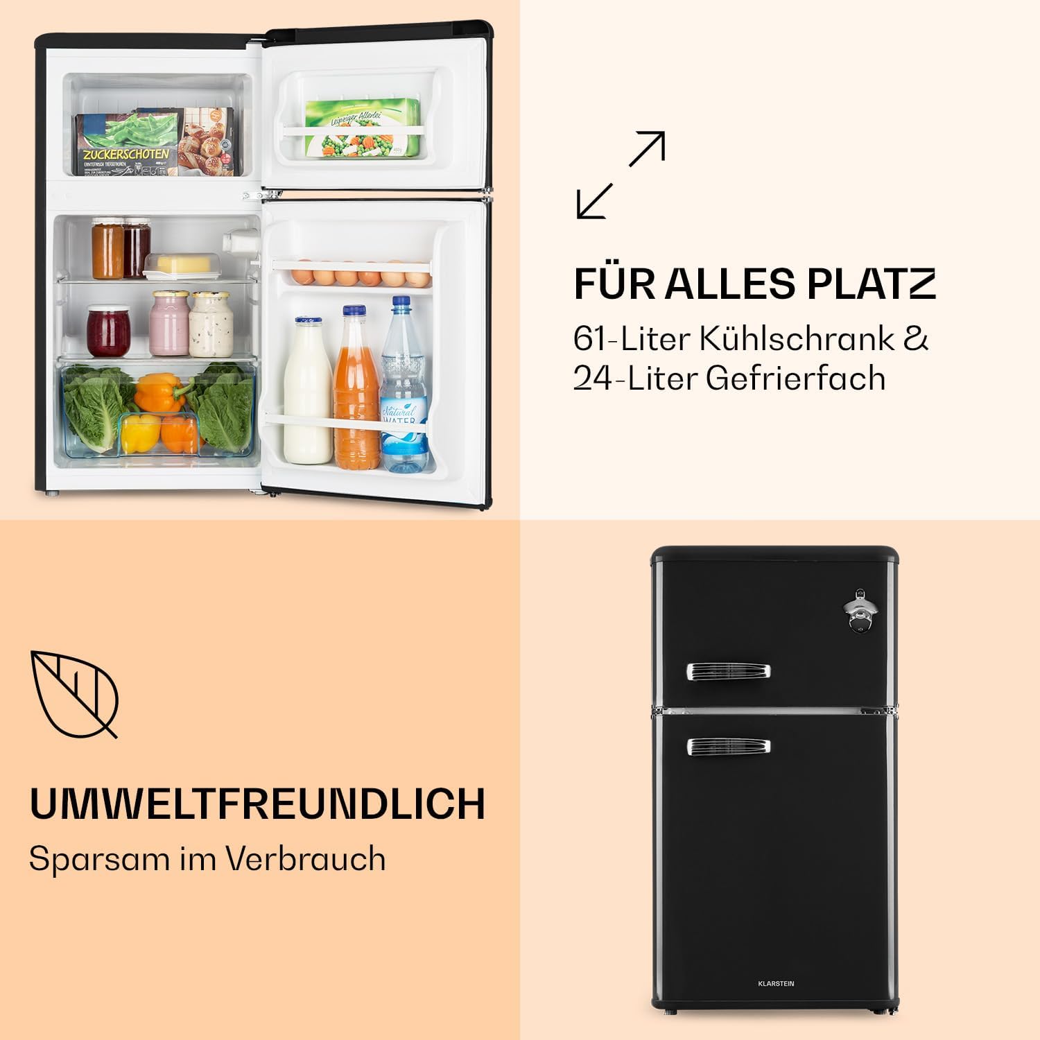 Klarstein Irene - Kühl-/Gefrierkombination, Retro-Kühlschrank, 61-Liter-Kühlschrank, 25-Liter-Gefrierschrank, 40 dB leise, 2 Kühlstufen, 2 Türablagen, für kleine Familien und Singles, Schwarz