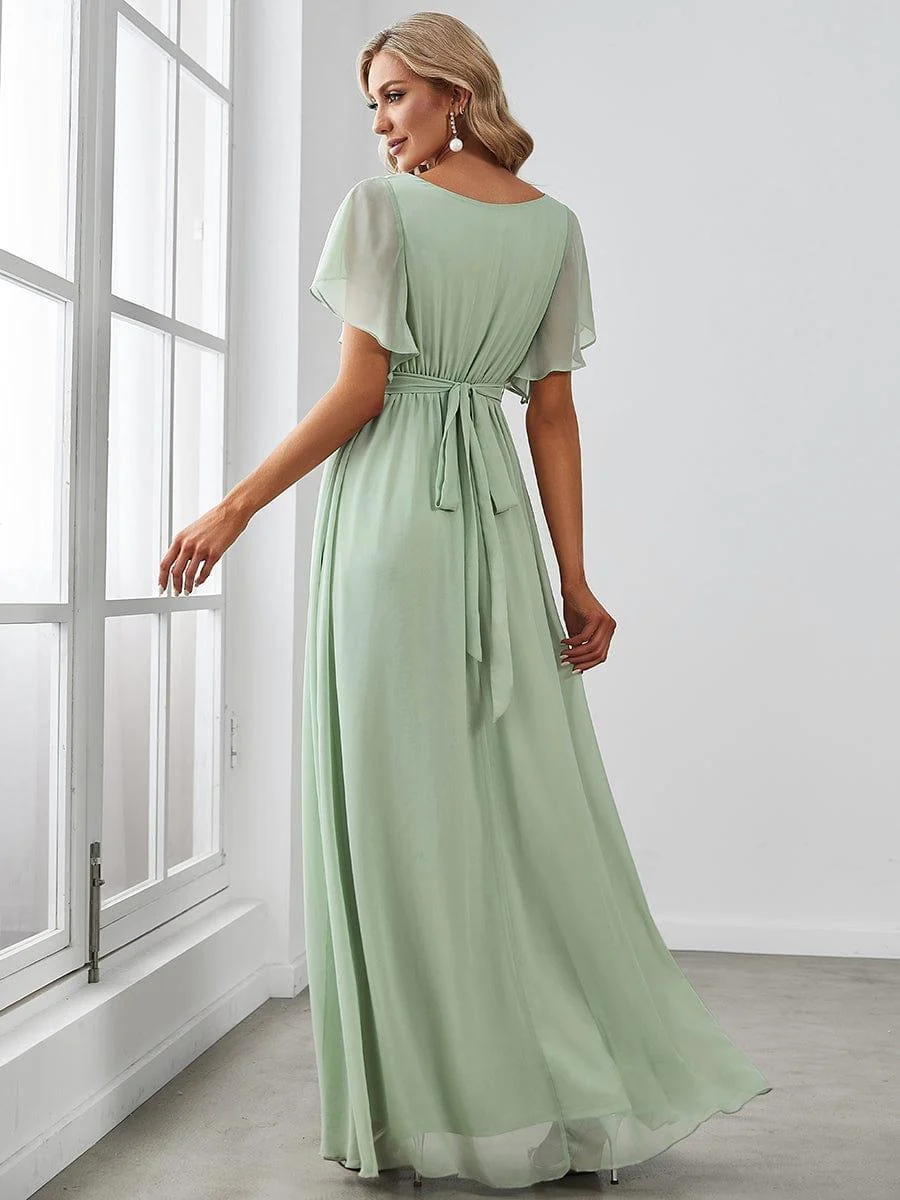 Abendkleid Damen Maxi A-Linie aus Chiffon | Festliches Kleid f��r Hochzeitsg?ste mit V-Ausschnitt und Fl��gel?rmeln
