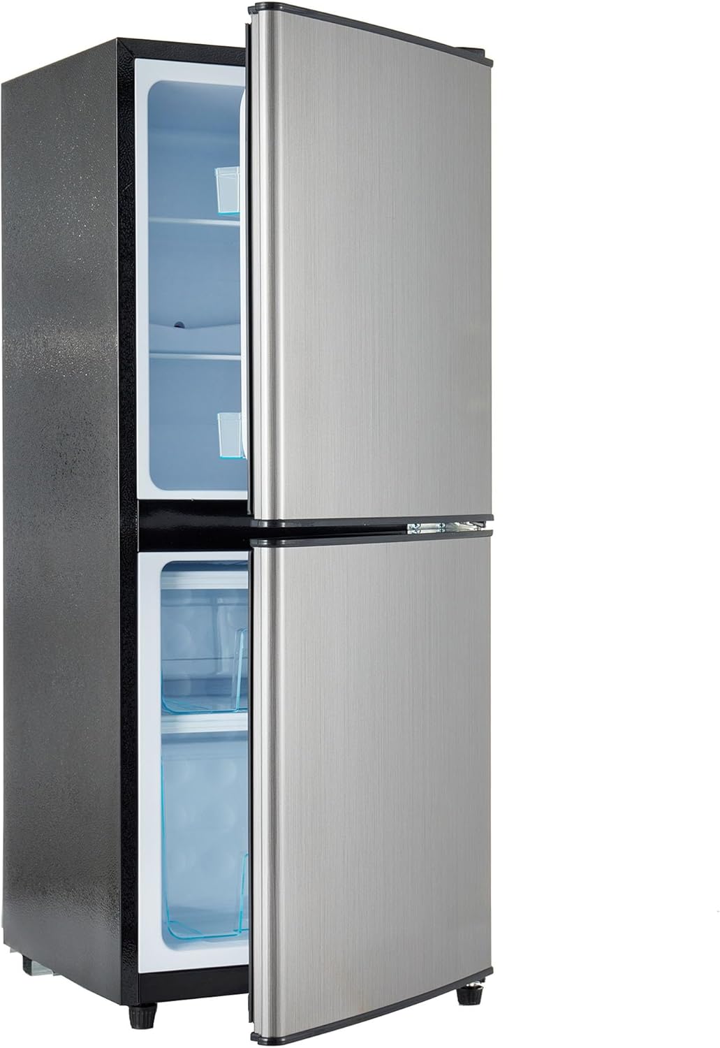 Merax Réfrigérateur-congélateur à deux portes avec volume total de 106 l, 42,5 x 44,5 x 102,0 cm, volume de congélation 46 l, 120 kWh/an, -25 °C ~ 10 °C, 45 dB, lumière LED/argent