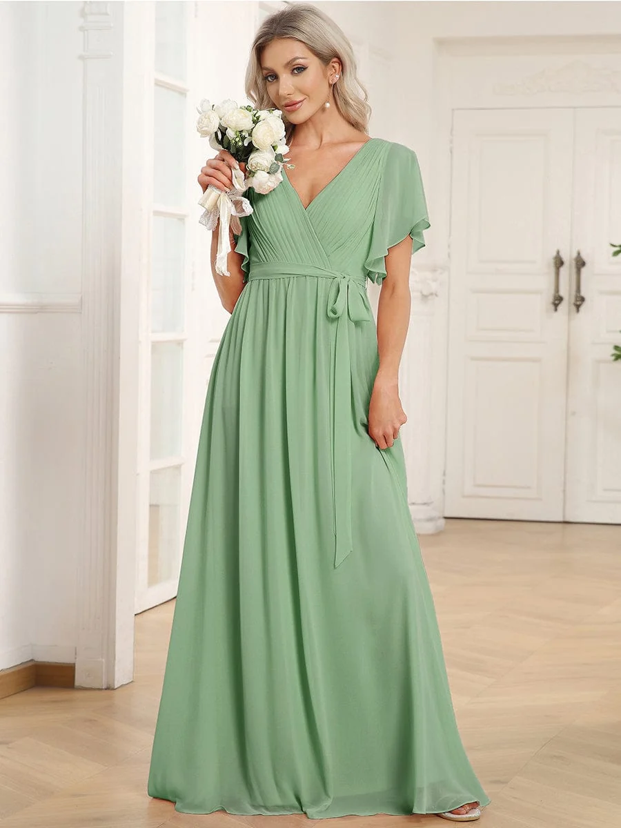 Abendkleid Damen Maxi A-Linie aus Chiffon | Festliches Kleid f��r Hochzeitsg?ste mit V-Ausschnitt und Fl��gel?rmeln
