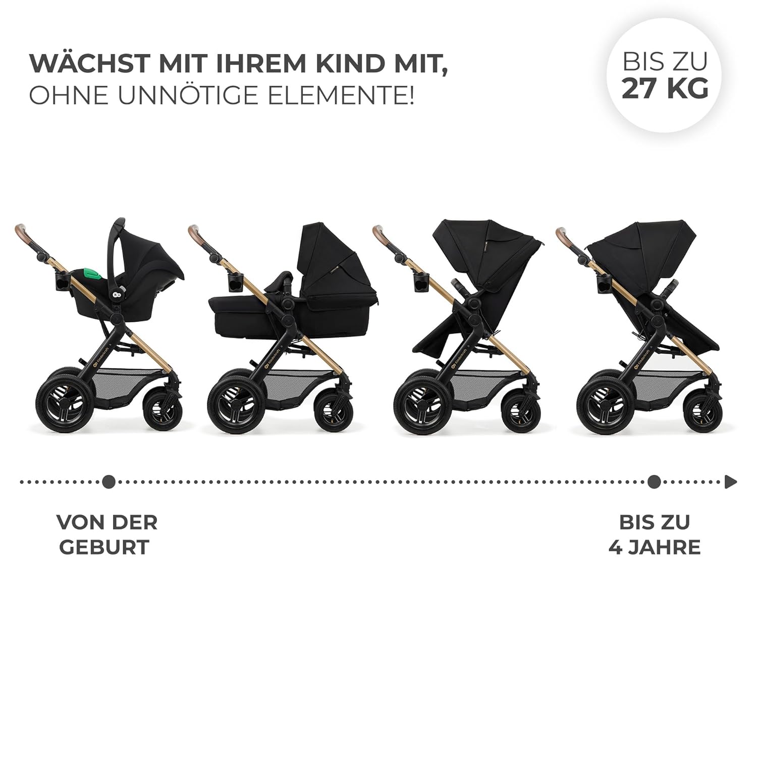 Kinderkraft MOOV2 AIR Kinderwagen 3 in 1 Kinderwagenset bis 26 kg mit Kindersitz I-SIZE 40-75 cm, Buggy Funktion, Liegeposition verstellbar, Große ausziehbare Verdeck, Aufblasbare Räder, Schwarz