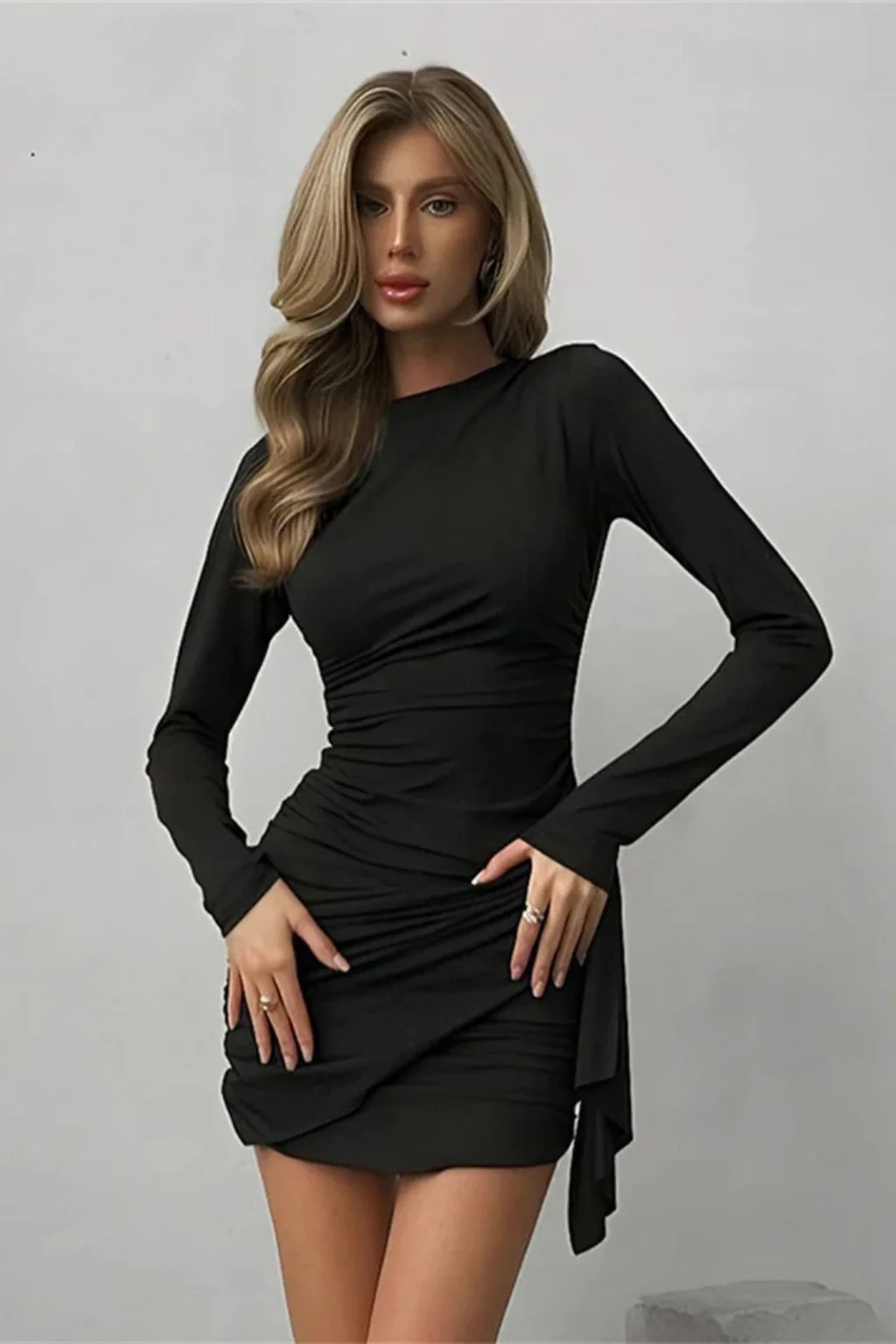 Damen Mini-Kleid Langarm mit Raffung & Wickel-Detail | Festliches Kleid f��r Hochzeitsg?ste & Abendmode | Tailliert