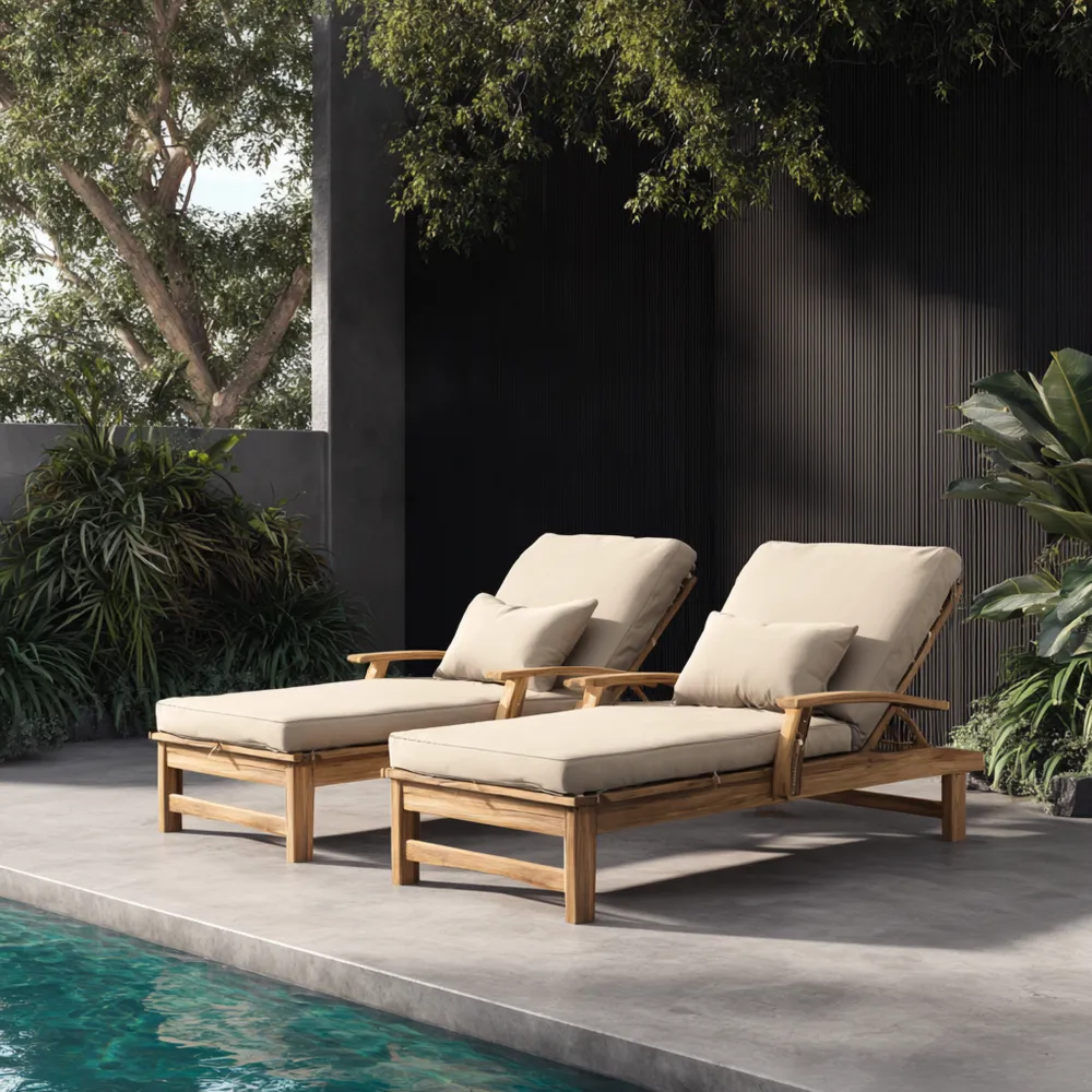 Gartenliege aus Teakholz 200x65x35 cm mit Kissen - Beige - Modernes Design