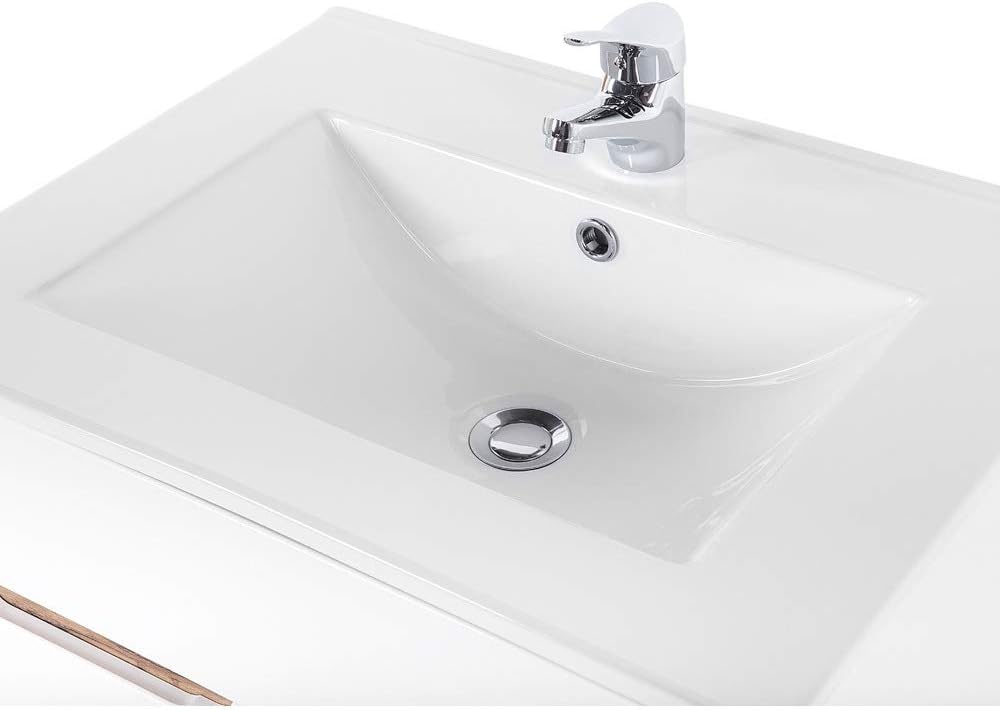 Lomadox Badmöbel Set, Hochglanz weiß mit Wotan Eiche Nb., 80 cm Waschtisch-Unterschrank mit Keramik-Waschbecken, 50 cm LED-Spiegel, Hochschrank & 3 Hängeschränke