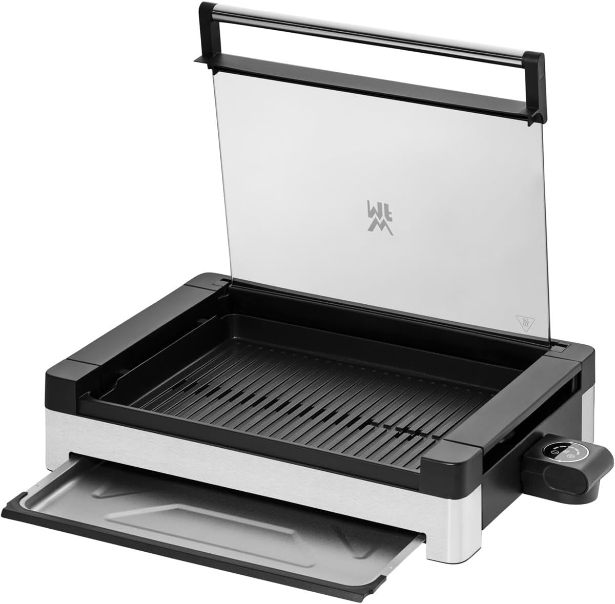 WMF Lono Tischgrill elektrisch mit Glasdeckel, beschichtete Grillplatte, herausnehmbare Auffangschale, spülmaschinenfest, Edelstahl matt, 2200 Watt