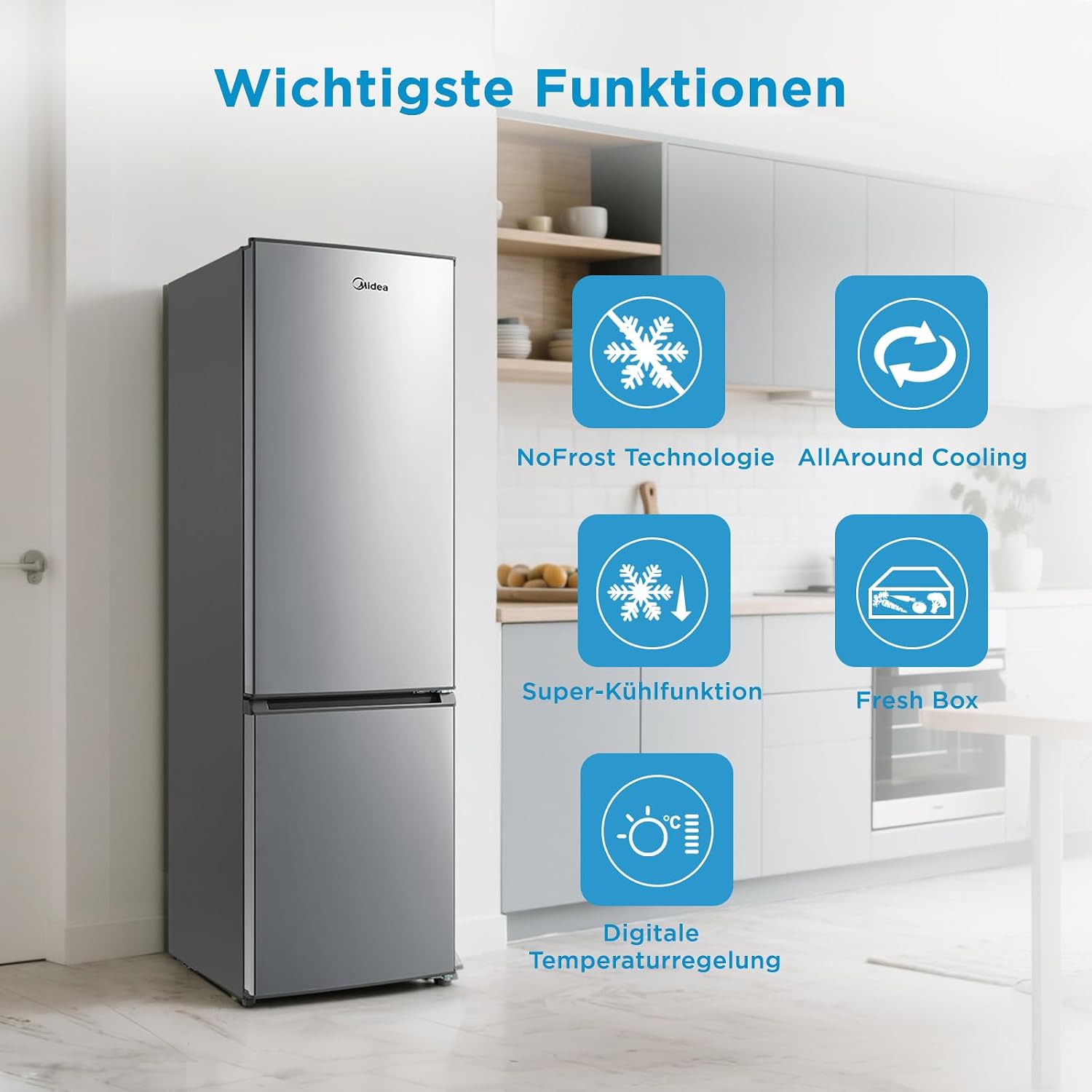 Midea Kühlschrank mit Gefrierfach MERB276FGE02A | 270L Kühl-Gefrierkombination (199L + 71L) | No Frost, All-Around Cooling | Doppelte Steuerung & Digital Control | Super-Kühl, LED | 180 cm, Edelstahl