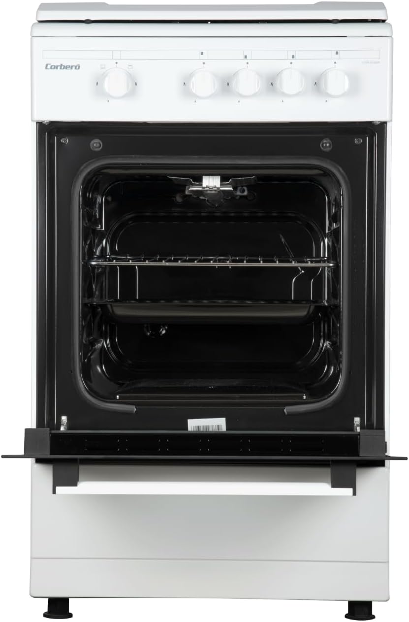 Corberó – Kitchen Plus | 50 cm | CCSF45020BW | 4 Burner Butane Gas | Oven 43L | Metal Lid | Double Glass Door | Tray and Grill Chrome | Automatic Safety Shut-off | White