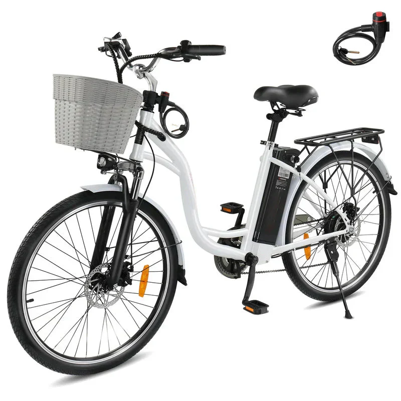 350W Electric Commuter Bike for Adults, 26′′ Cruiser Ebike with 36V 12.5AH Removable Battery, Shimano 6-Speed, Dual Shock Absorber, Basket