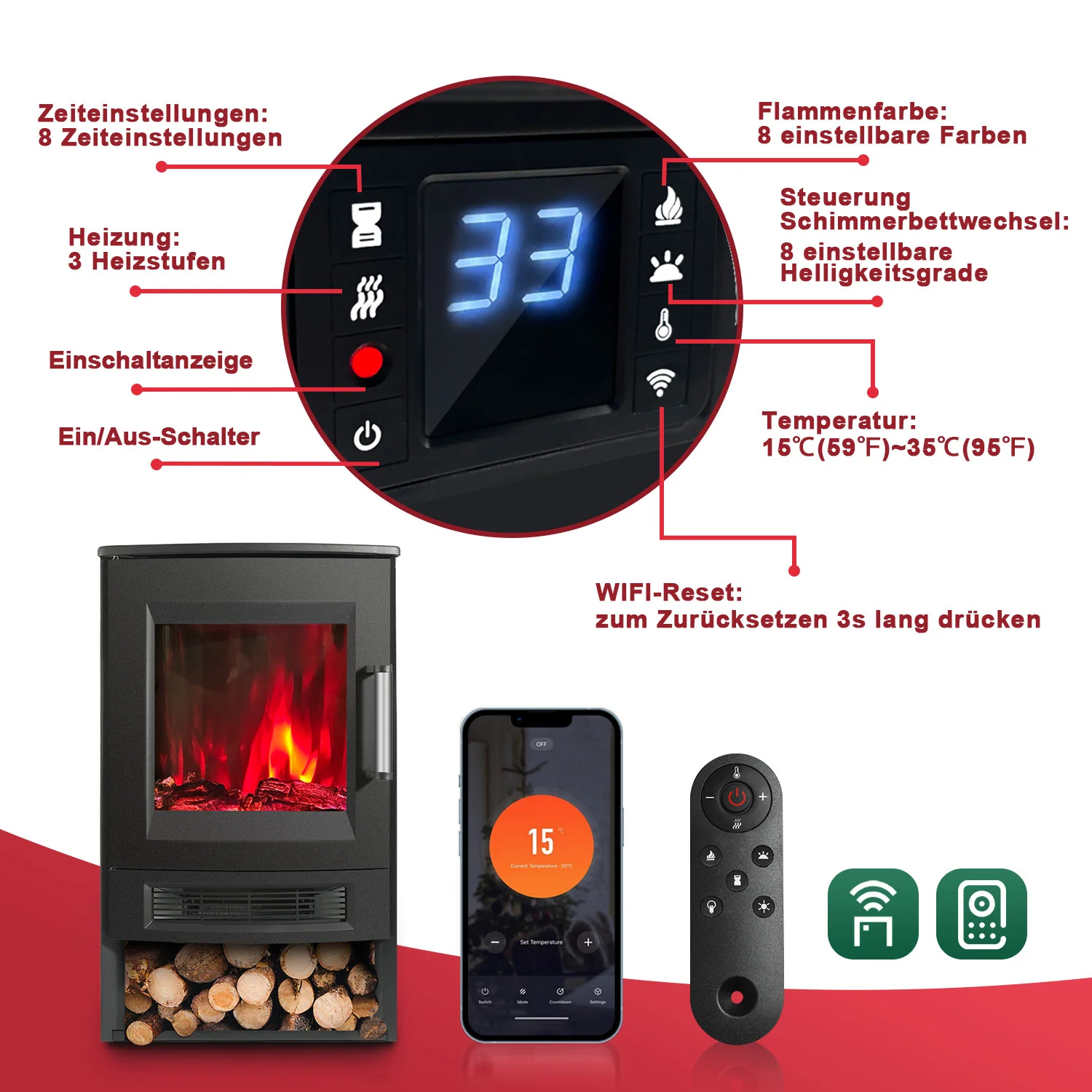 Sonnewelt Elektrokamin mit LED Flammenm WiFi Fernbedienung 900W/1800W