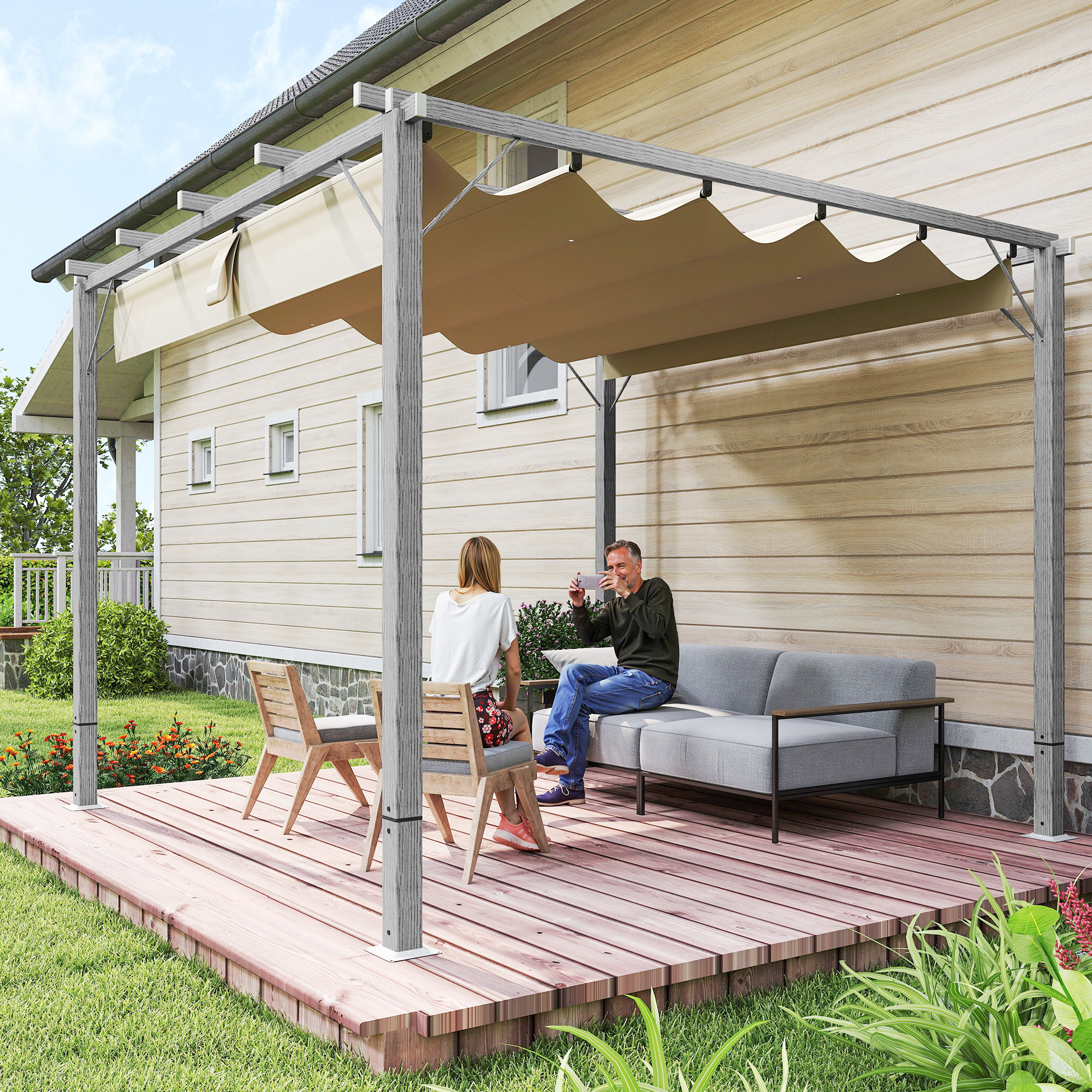 3 x 3 m Tuinpergola, Verstelbare Terrasoverkapping met Aluminium Frame, UPF30+ Zonbescherming, Grijs
