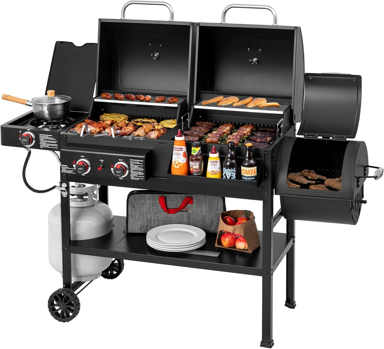2-Burner Gas and Charcoal Grill Combo with Offset Smoker & Side Burner, 34,000 BTU Dual