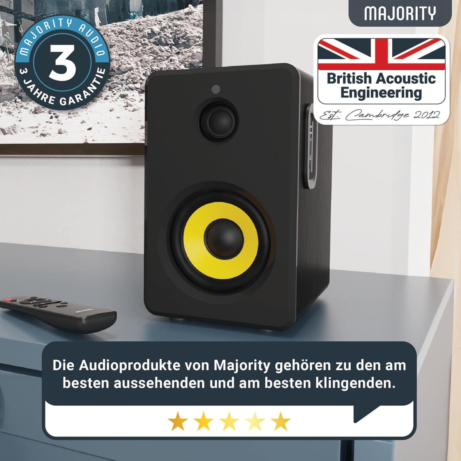 MAJORITY D40 Bluetooth Lautsprecher Boxen | 60W 2.0 Aktivlautsprecher | Studio Monitor mit 4-Treiber | Regallautsprecher für HiFi Stereo mit Optischer, RCA-, USB- und AUX-Eingang | Fernbedienung