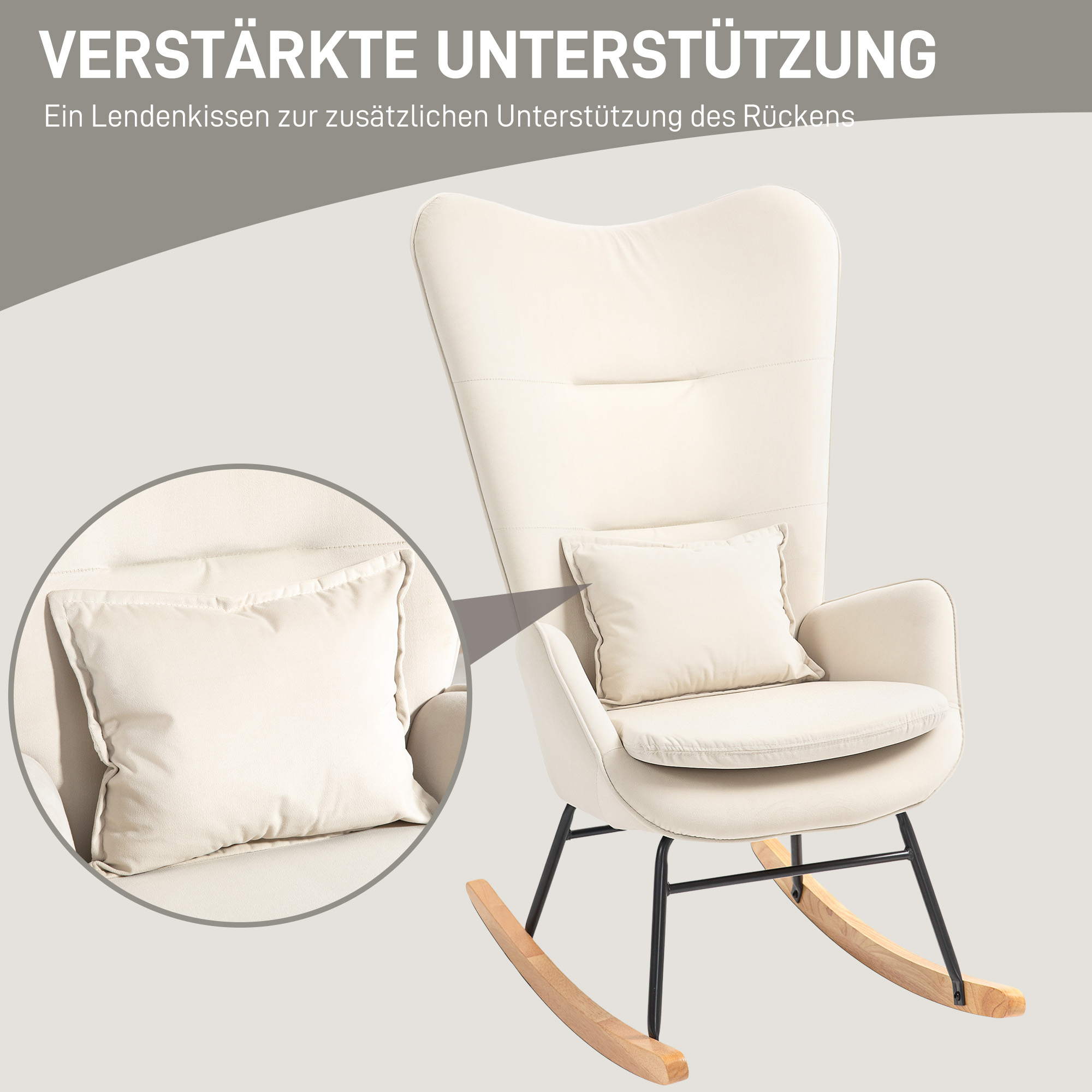 Schommelstoel in Samt-uitstraling met Lendenkussen, tot 120 kg, 67 x 85 x 112 cm, Crèmewit