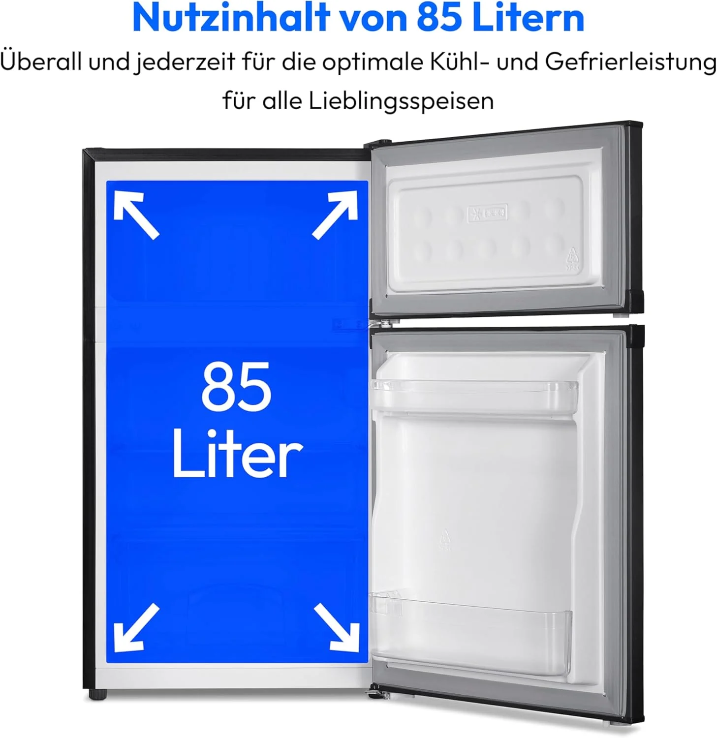 MEDION Mini koel-vriescombinatie (85 liter, 61L koelgedeelte, 24L vriesgedeelte, vrijstaand, 40 dB, transparante groentelade, deurscharnier omkeerbaar, MD 37689) grijs