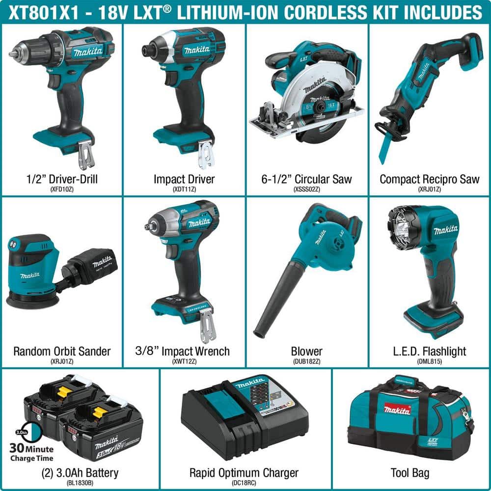 18V LXT Lithium-Ion 8-Piece Kit Drill/ Impact Drvr/ Circ Saw/ Recip Saw/ Sander/ Impact Wrench/ Blower/ Light 3. 0Ah XT801X1