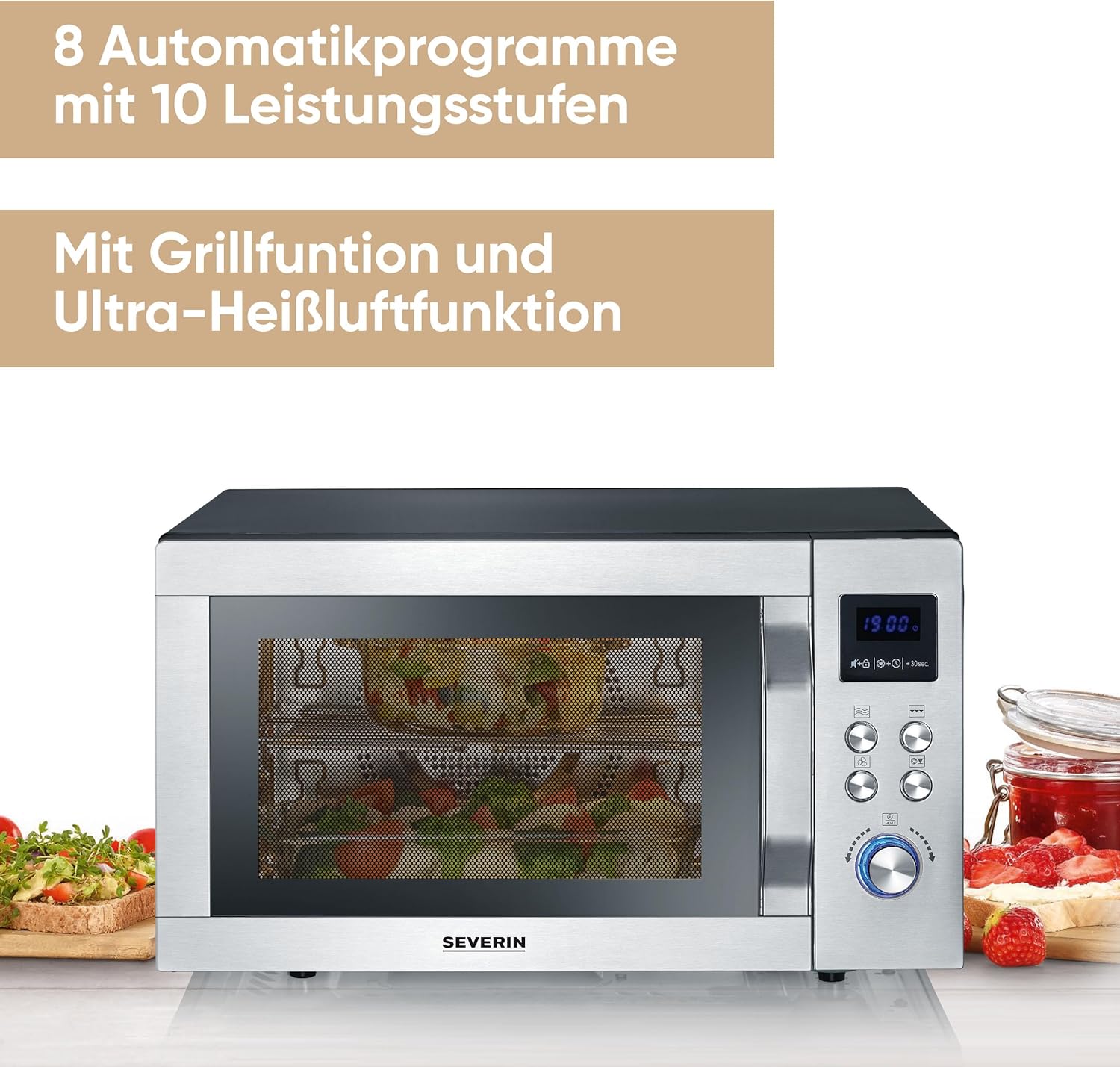 SEVERIN Mikrowelle mit Grill und Heißluftfunktion 3-in-1, zum Auftauen, Garen und Erhitzen, Mikrowelle mit Drehteller, Edelstahl-gebürstet/silber, MW 7774