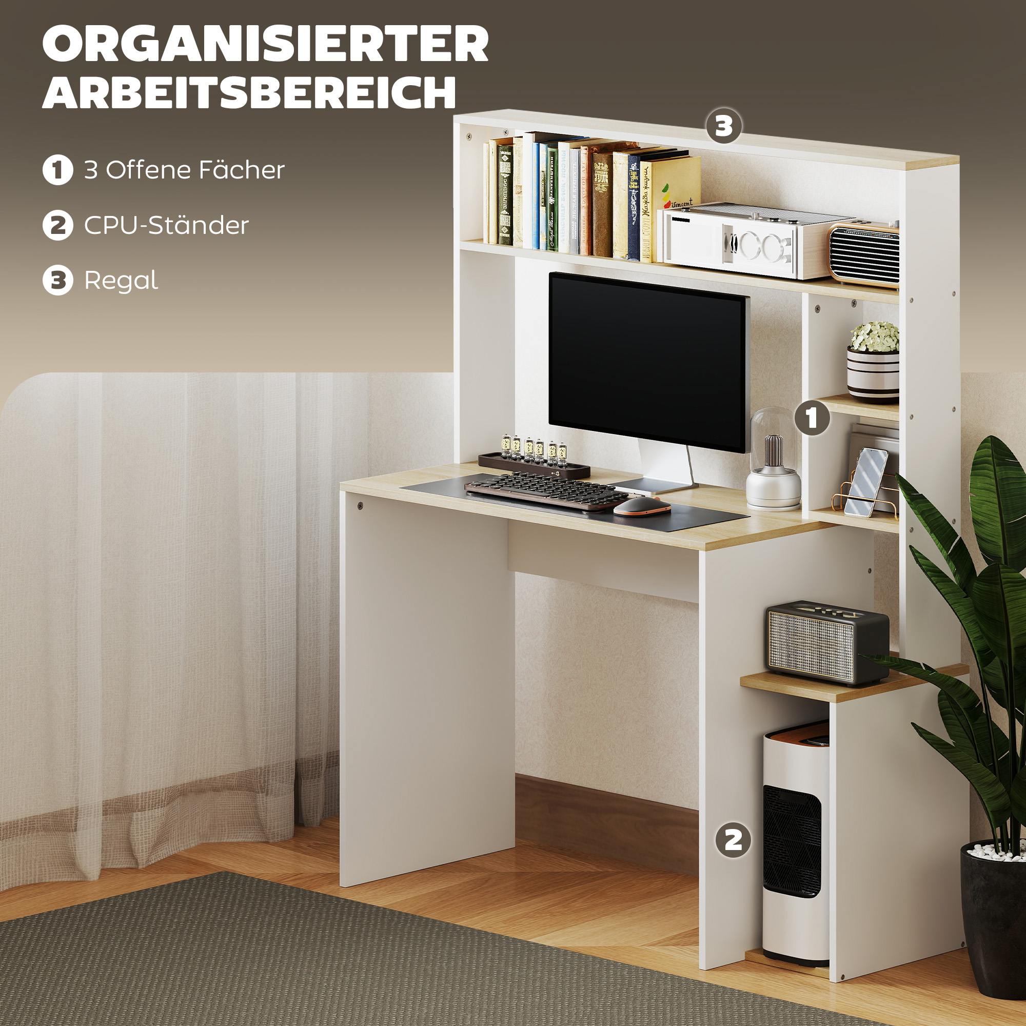 Computerbureau, Bureau met Open Rekken en Planken, van Staal, Lichtbruin+Wit