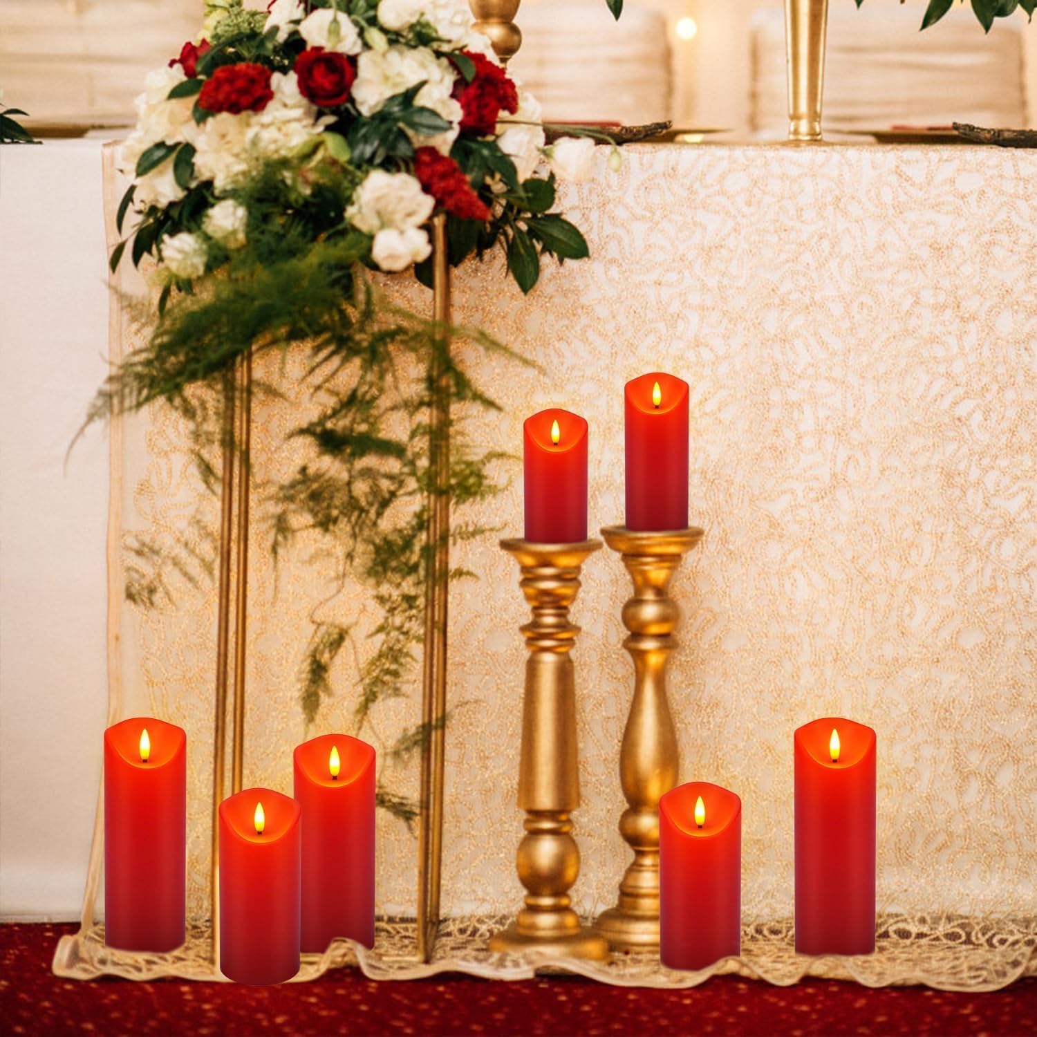 Flackernde flammenlose LED-Kerzen, batteriebetriebene Stumpenkerzen mit Fernbedienung, für Neujahr, Heimdekoration, Partys, Hochzeiten, 24 Stück (T 5 x H 12,7 cm, 15,2 cm, 17,8 cm, Rot)