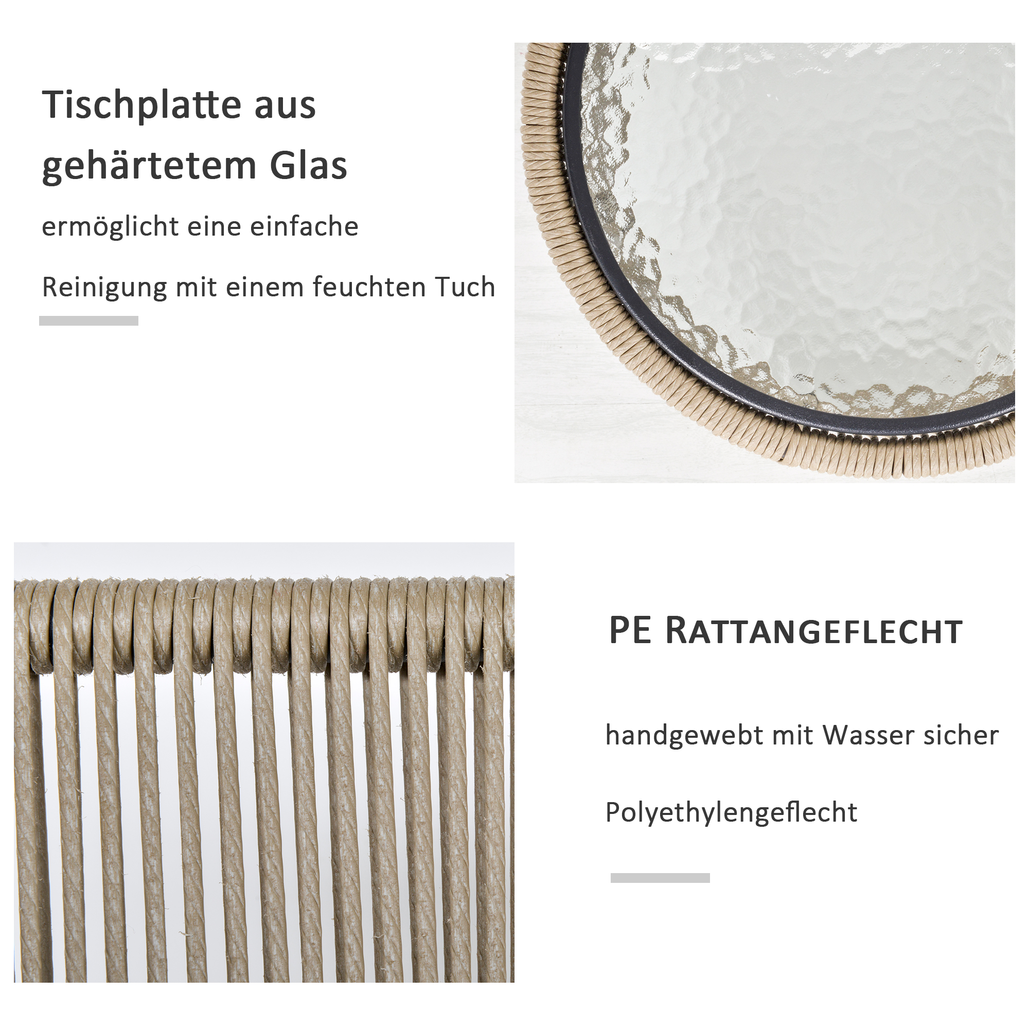 3-delige loungeset, 2 stoelen, bijzettafel, zit- en rugkussens, gehard glazen tafelblad, kunstrotan, grijs