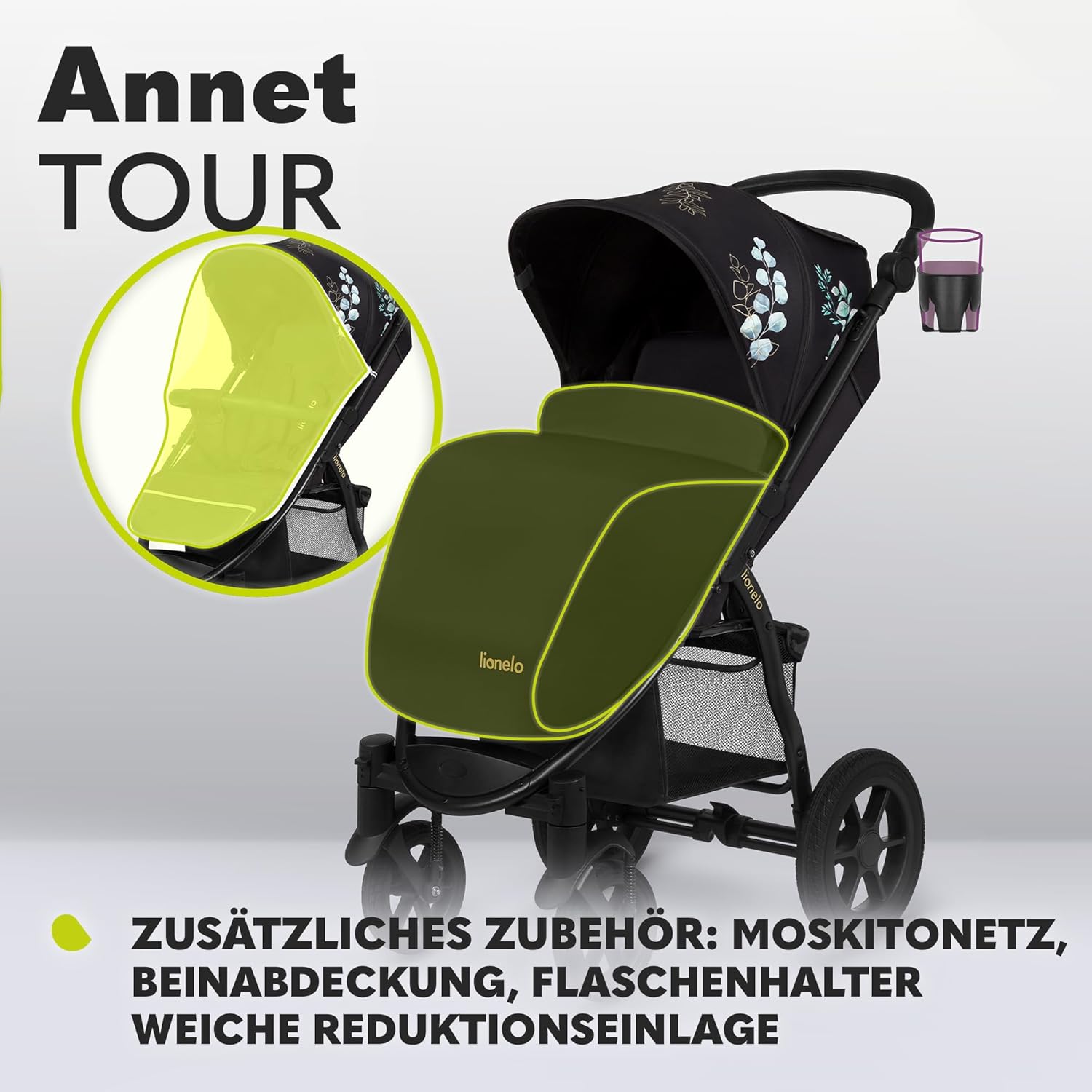 LIONELO Annet Plus Buggy bis 22 kg mit Liegefunktion, Kinderwagen klein zusammenklappbar mit Zubehör, Eva-Schaum-Räder, Moskitonetz, Fußdecke Getränkehalter, Korb