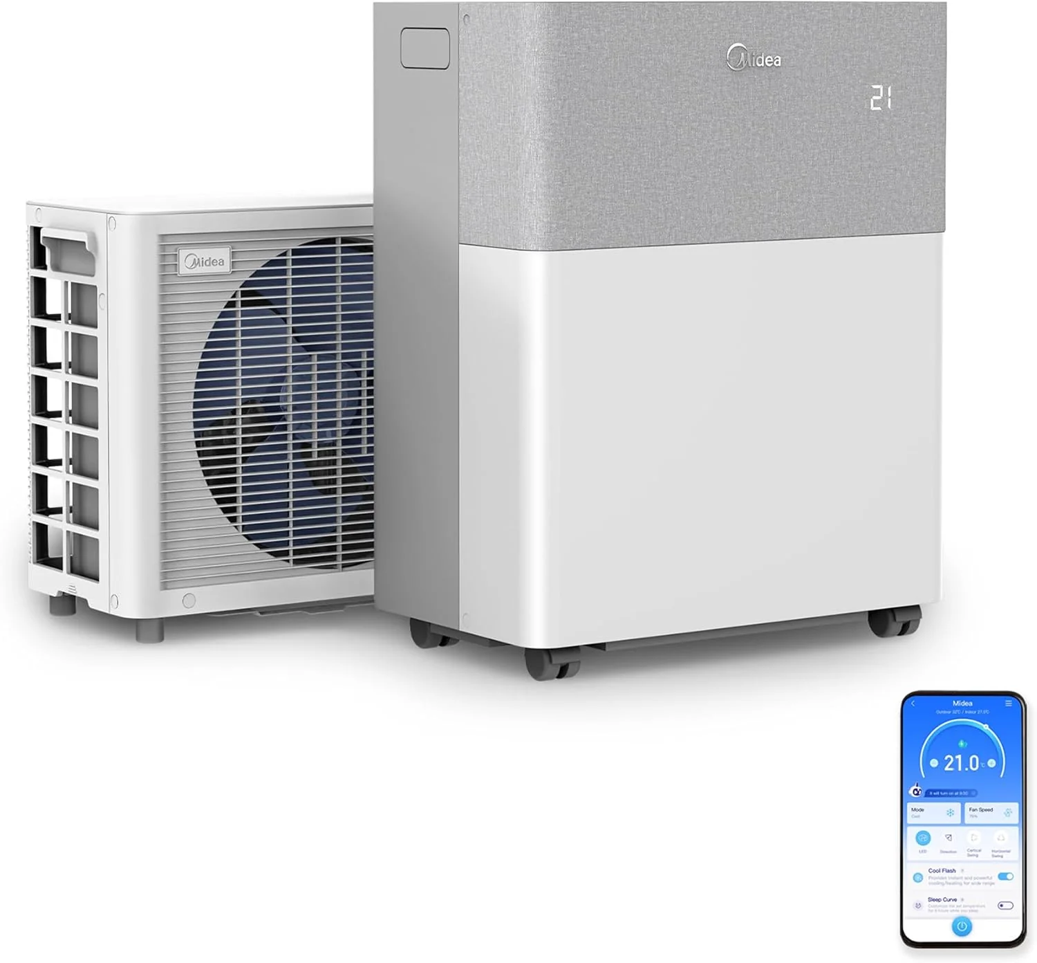 Midea Portasplit Mobiele Airconditioner, Mobiele Warmtepomp, Koelen A++/Verwarmen A+, 12000 BTU 3,5kW, voor ruimtes tot 42 m2 / 105 m3, slechts 39 dB(A) in Silent-modus