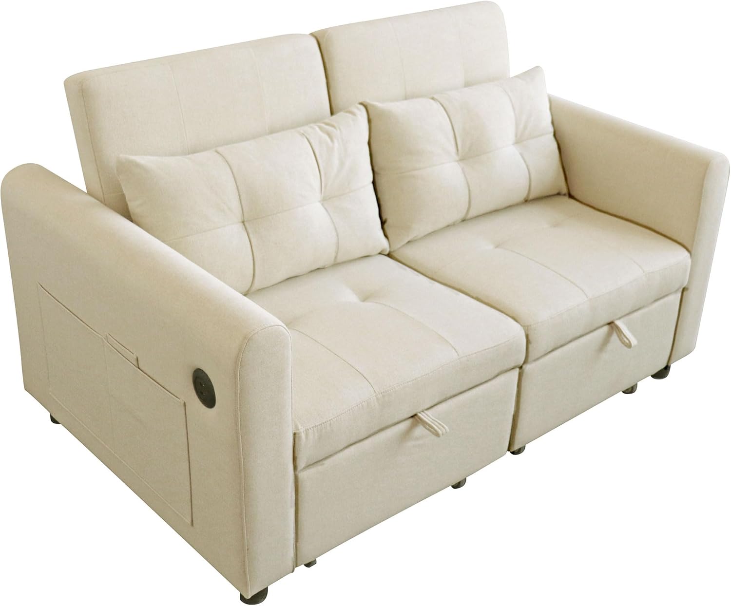 Loveseat-Sofa, 3-in-1-Ausziehsofa mit Verstellbarer Rückenlehne, USB, Armlehnentaschen und Kissen. Geeignet für Wohnzimmer, Schlafzimmer, Wohnung Usw.，Beige
