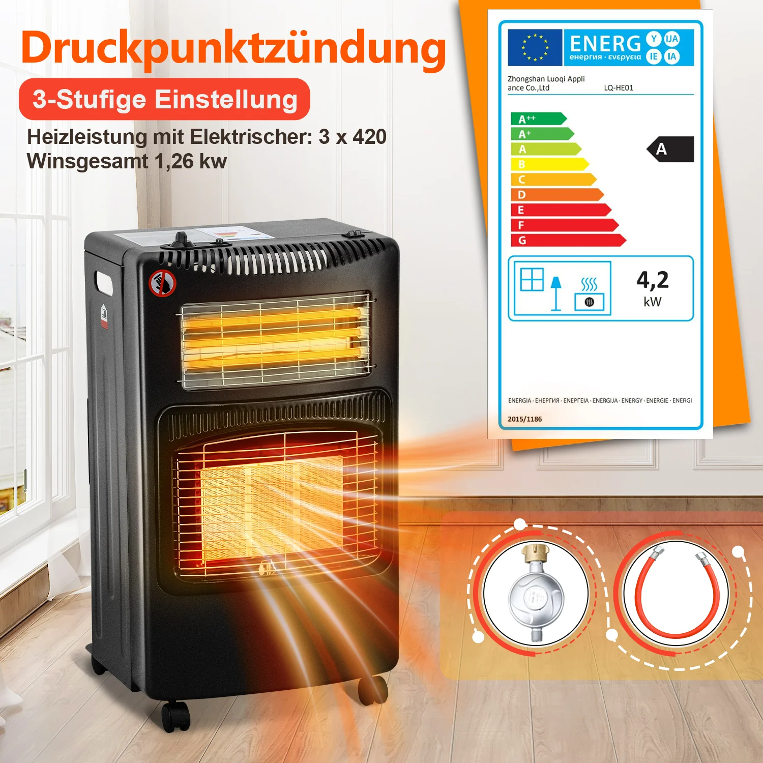 Sonnewelt Gasheizer 4200W und 1260W Elektrische Gasheizgert mit Druckminderer