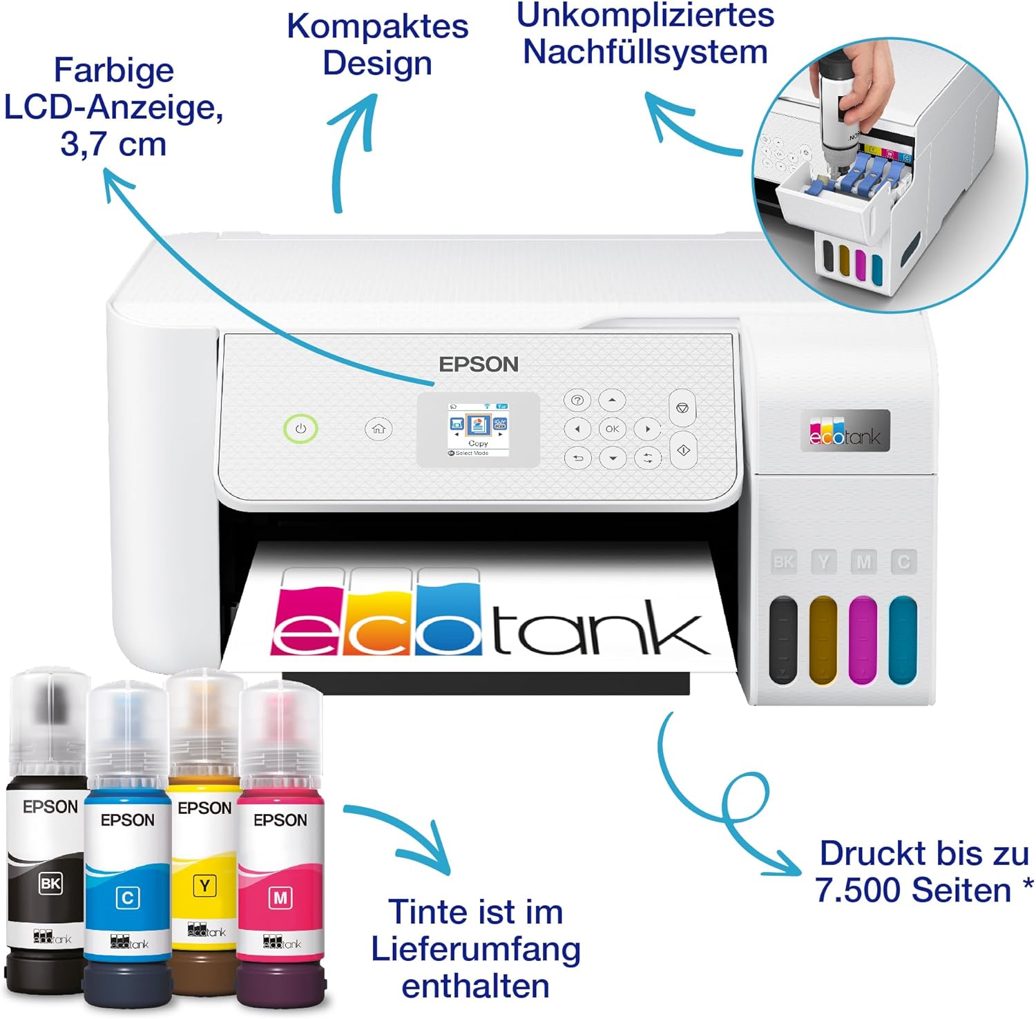 EcoTank ET-2876 Tintentankdrucker für vielbeschäftigte Haushalte WLAN A4 Drucken, Kopieren, Scannen 3.7 cm LCD-Bildschirm inkl. Tinte für bis zu 3 Jahre