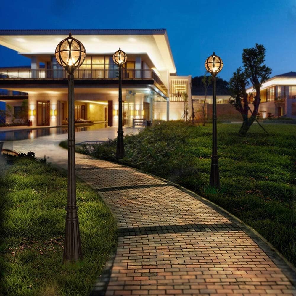 Retro Pfostenlampe Außen Rund Straßenleuchte Wasserdichte IP65 H240CM Mastlampe Outdoor Schwarz Aluminium Und Glas Robust Gartenlampe Rasen Villa Landschaft Standleuchte