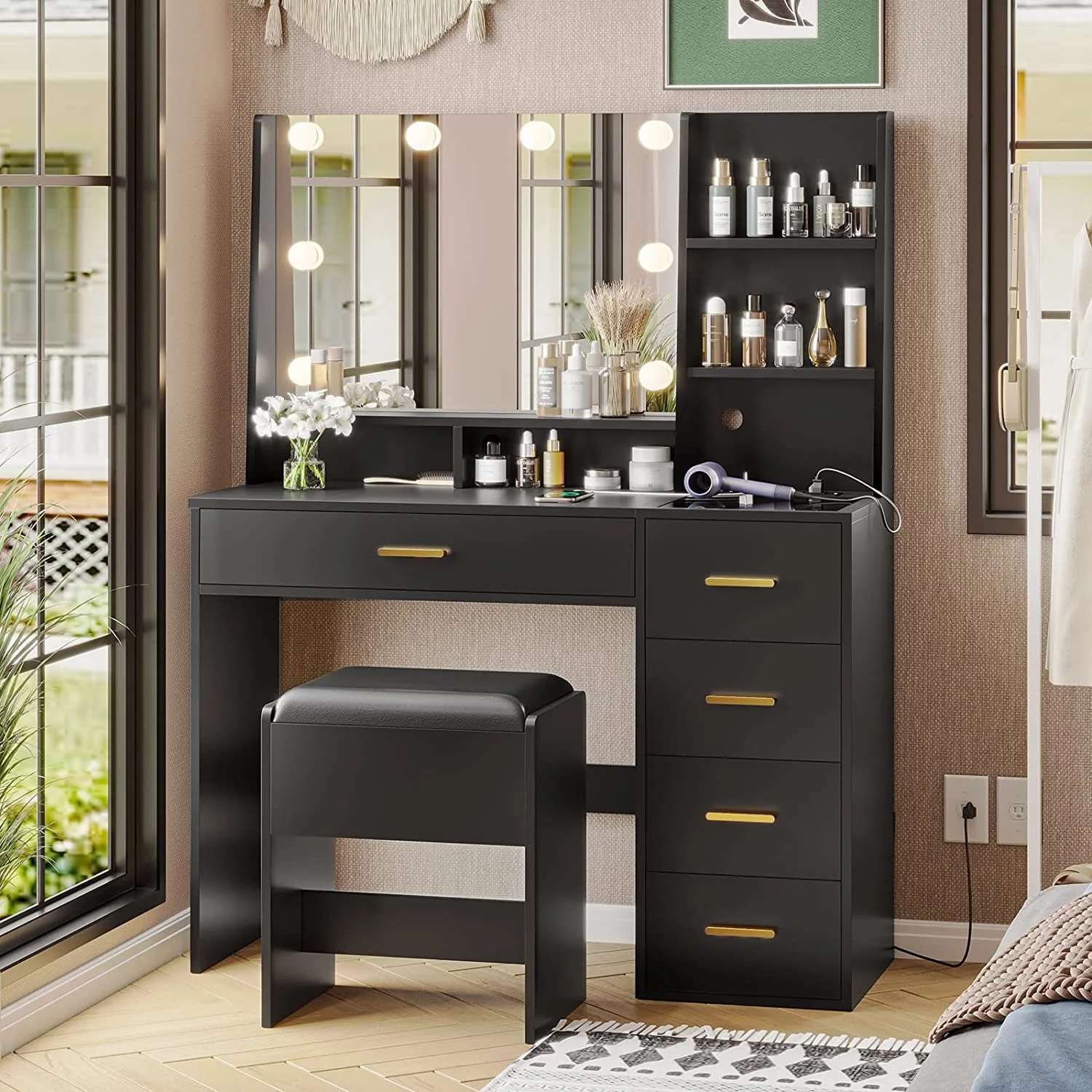 Black Vanity Set with Lights & Charging Station & Cushioned Stool, Modern Makeup Vanity Desk Table with Visible Drawers and Open Storage Shelves for Women Girls