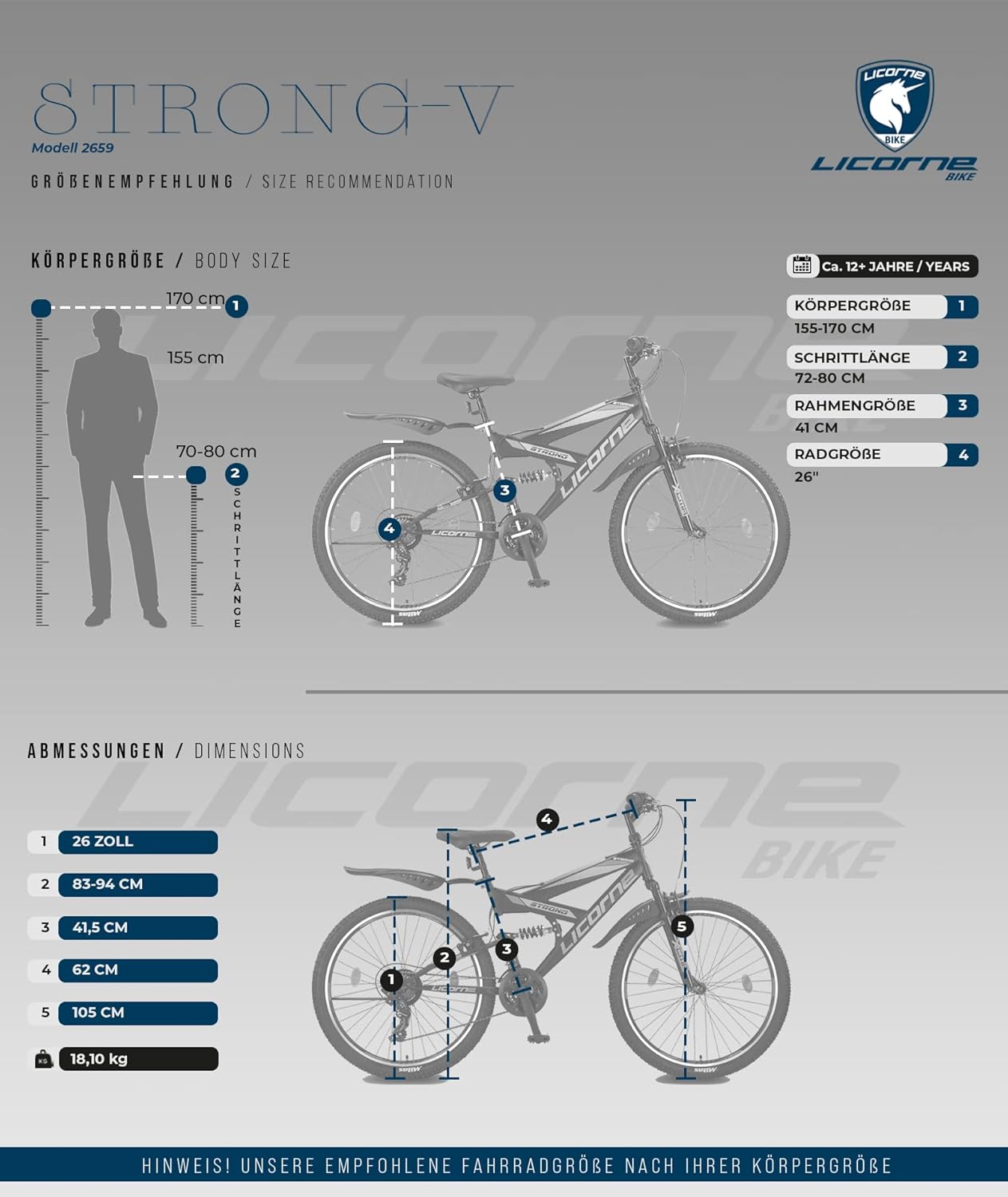 Licorne Bike Premium Strong V Mountainbike in 24 und 26 Zoll - Fahrrad für Jungen, Mädchen, Damen und Herren - 21 Gang-Schaltung - Vollfederung