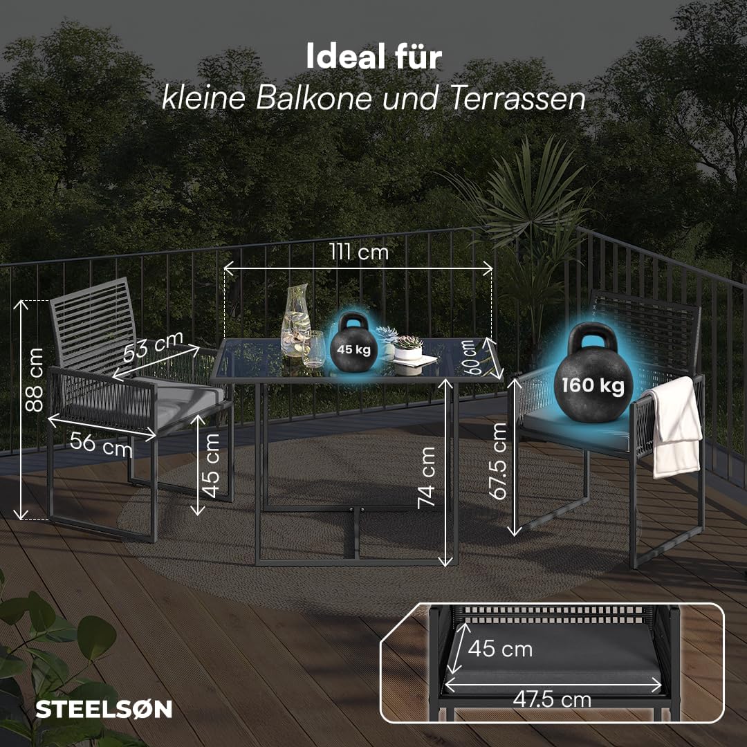 STEELSØN 3-TLG Garten-Essgruppe Kynaris, Esstisch mit 2 Stühlen, gartenmöbel Sitzgruppe Polyrattan mit Kissen, Gartenlounge, Balkomöbel Set, schwarz