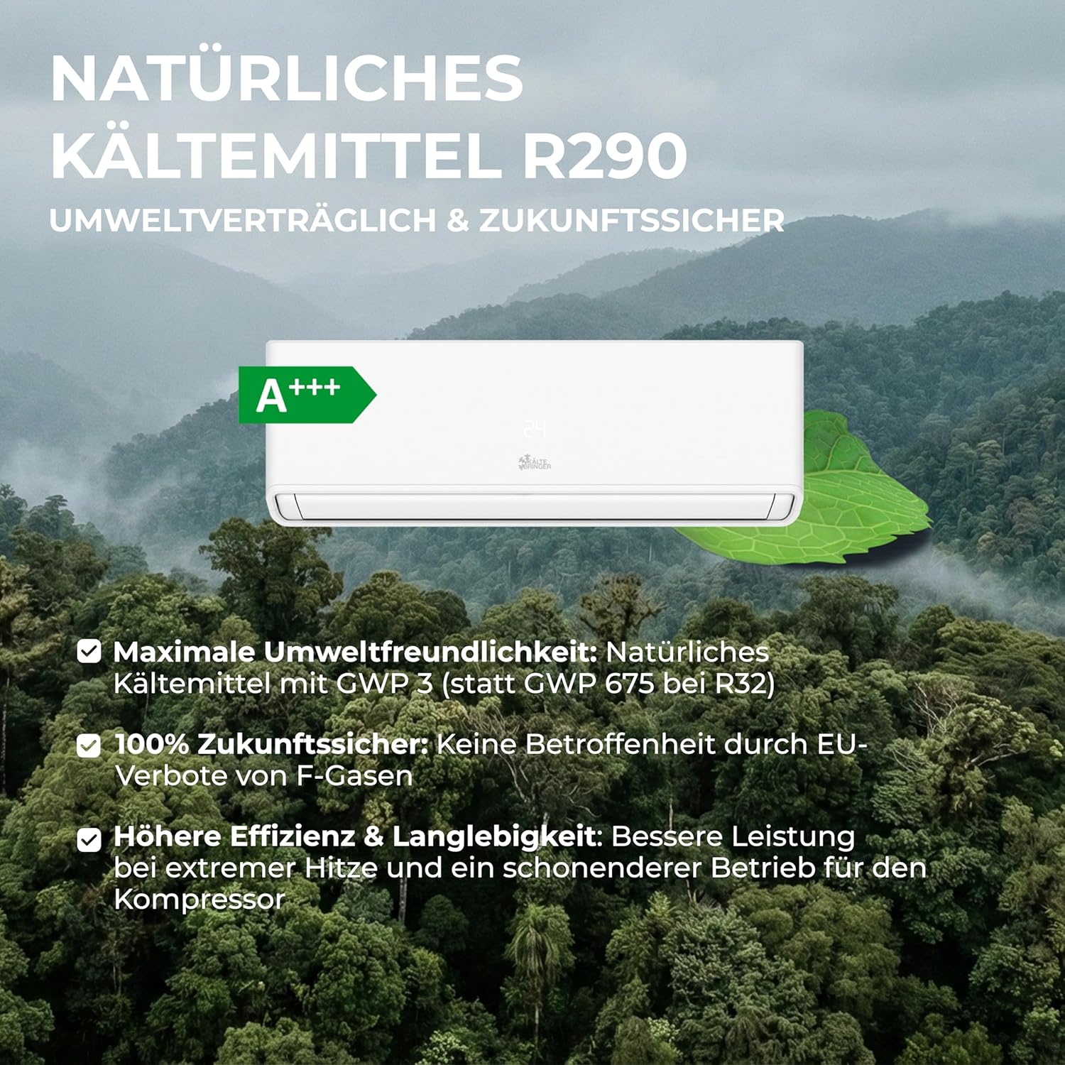 Kältebringer A+++ R290 Split Klimaanlage 12000 BTU (3,7 kW) - mit Heizfunktion, WiFi & App, bis 60m², sehr leise, 5m Kupferleitung, Kältemittel R290, Montagematerial, Wandhalterung