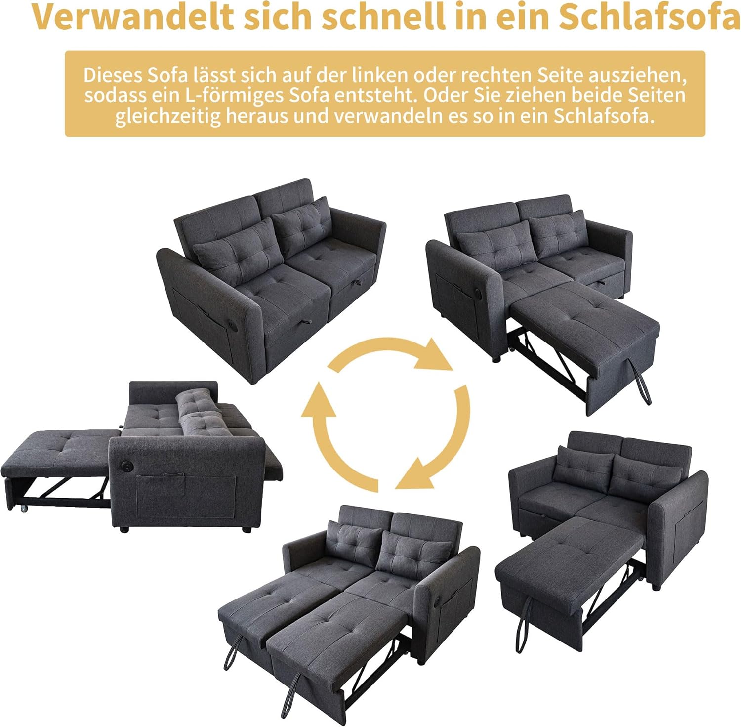 Modernes Doppel-Klappschlafsofa, 2-Sitzer Ausziehsofa mit Schlaffunktion, mit verstellbare Rückenlehne&Armlehnentaschen und Kissen, USB-Ladeanschluss, für Wohnzimmer Schlafzimmer Büro (Grau C)