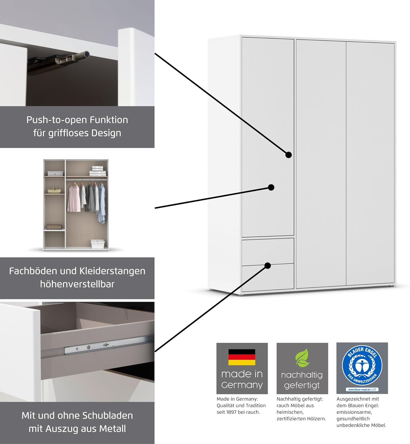 Rauch Möbel Nabila Kleiderschrank für Schlafzimmer, Kinderzimmer, Jugendzimmer, Flur, 3-türig, Push-to-Open, mit Zubehör Classic, Farbe Weiß, Breite 140 cm