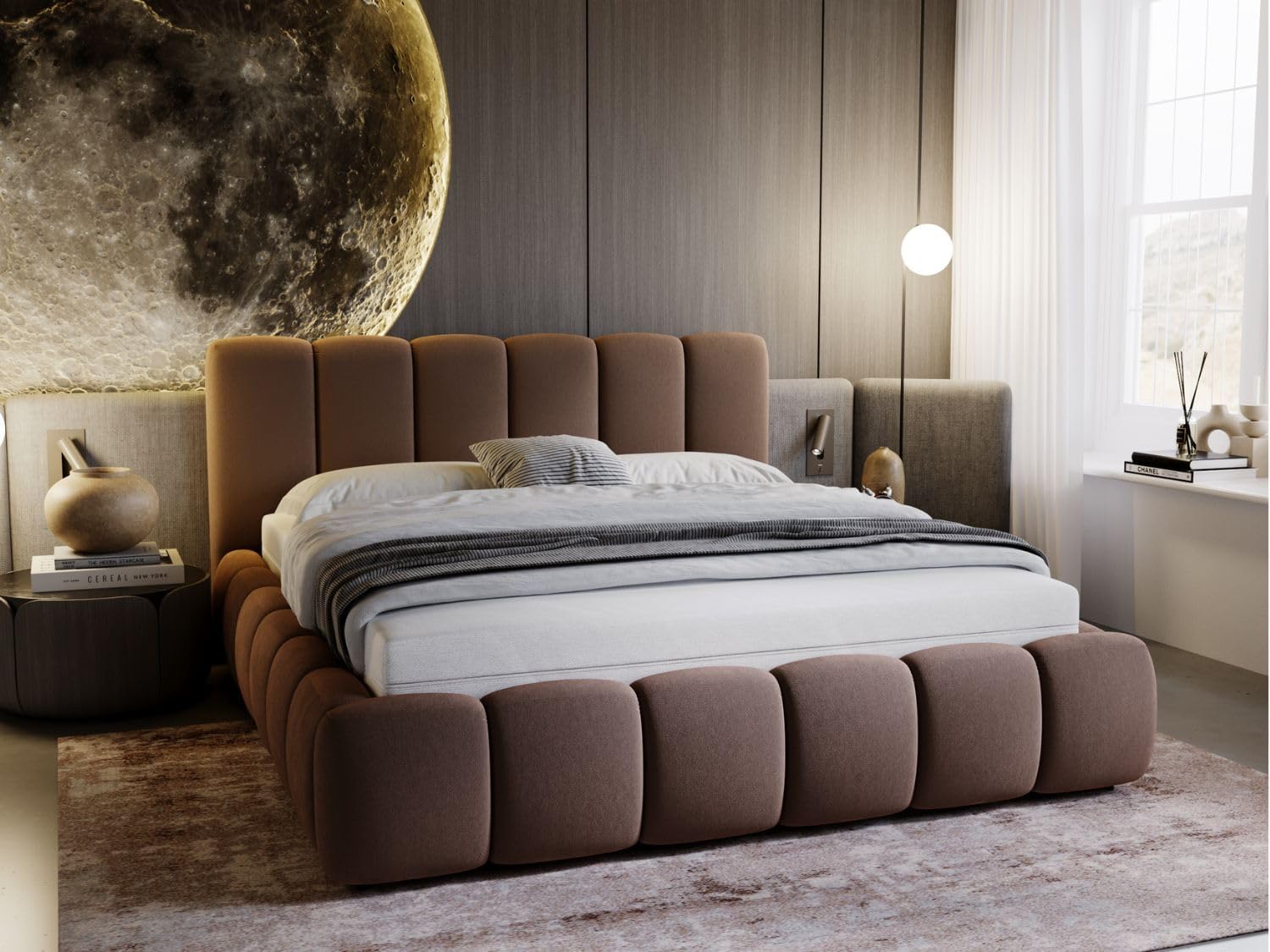 GRAINGOLD Cloud Bett 140x200, Polsterbett mit Bettkasten, Polsterbett mit Stauraum, Samt, mit Lattenrost, mit Kopfteil, ohne Matratze (Braun, 140x200)