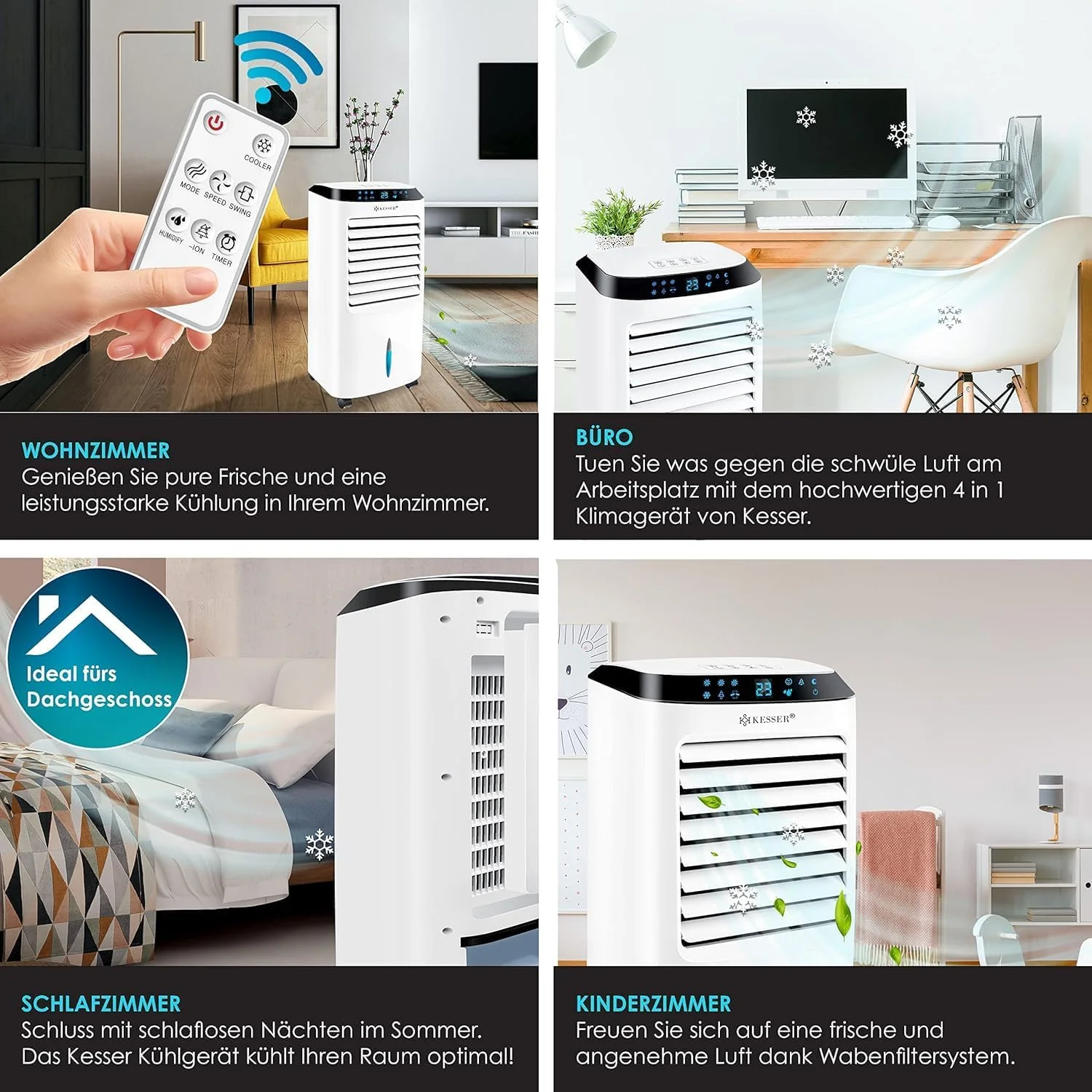 KESSER 4-in-1 Mobiele Airco | Afstandsbediening | Klimaatregelaar | Ventilator Airconditioning | Timer | 3 Niveaus | Ionisator Luchtbevochtiger | Luchtkoeler |