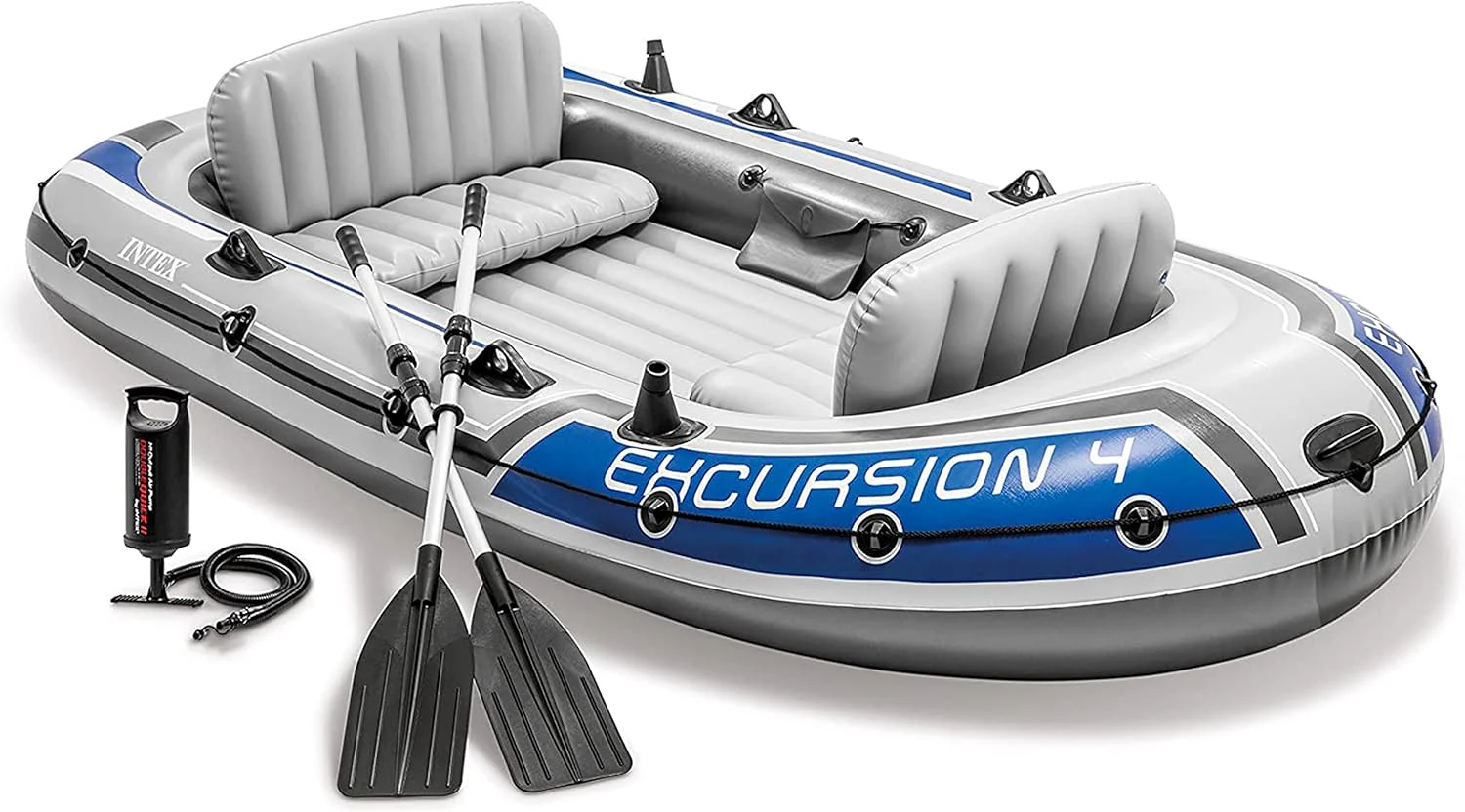 INTEX Excursion Inflatable Boat Series: Includes Deluxe 54in Boat Oars and High-Output Pump ?C SuperTough PVC ?C Adjustable Seats with Backrest ?C Fishing Rod Holders ?C Welded Oar Locks